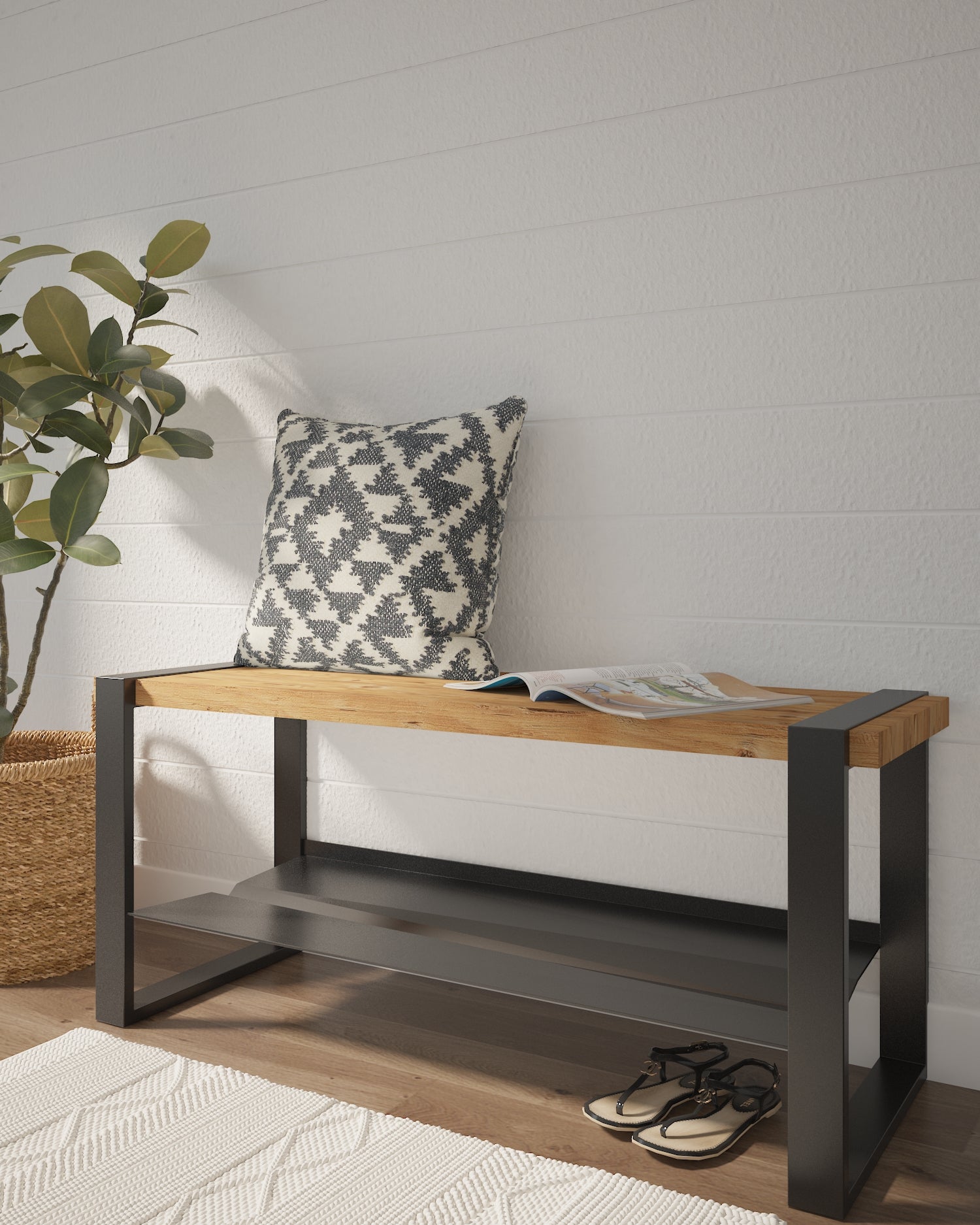 Banc d'entrée canalisant l'eau dans des conteneurs pour s'asseoir et ranger les chaussures - Rakabot Moderno