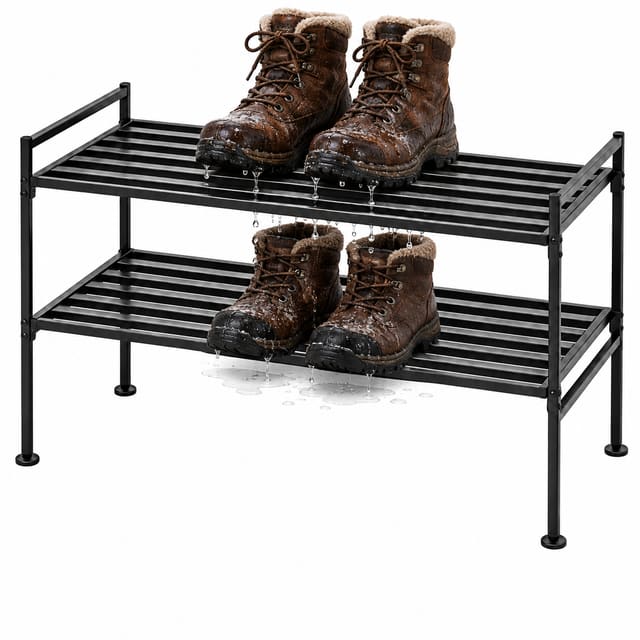 Illustration of a standard open-slatted shoe rack
