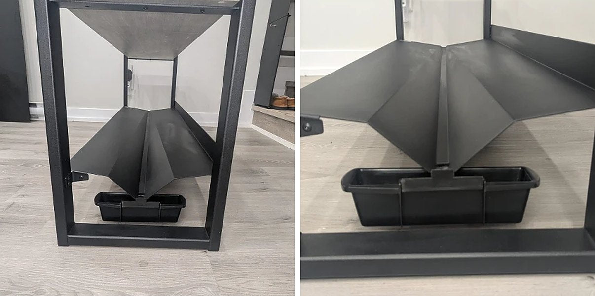 Side view of the Moderno: the sloped shelf drains into a centre channel and the container below