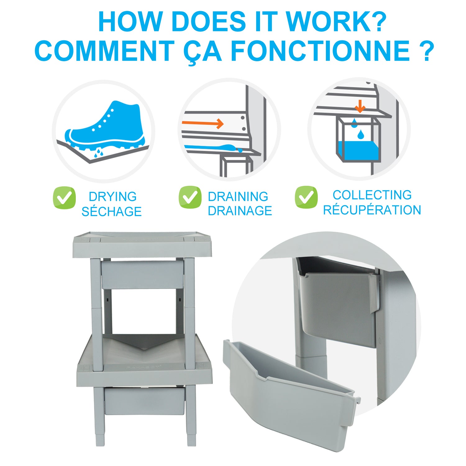Boot Rack Channeling Water Into Containers - Practical & Stackable - Rakabot Plastico