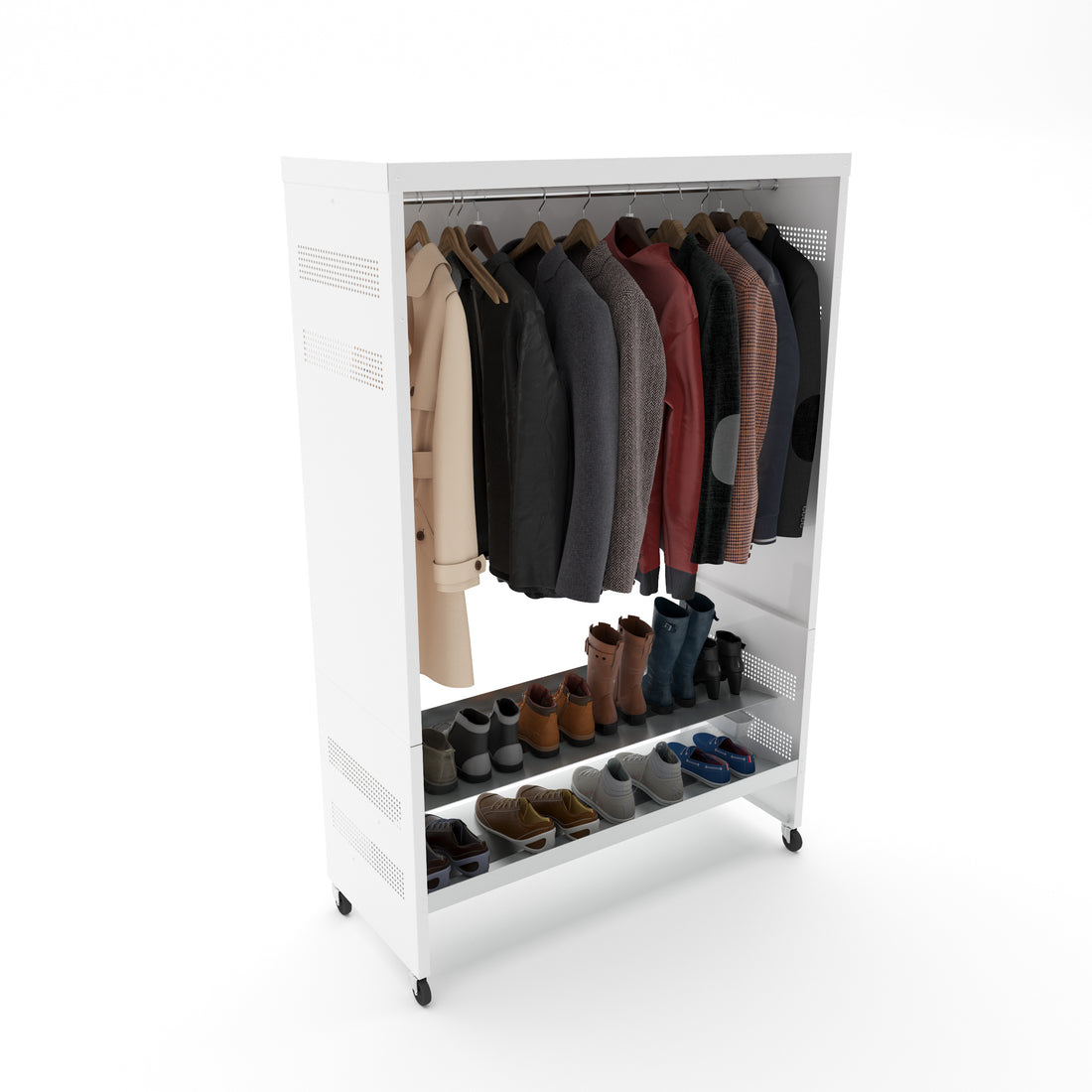 White Zeus with hanging coats and footwear on both shelves