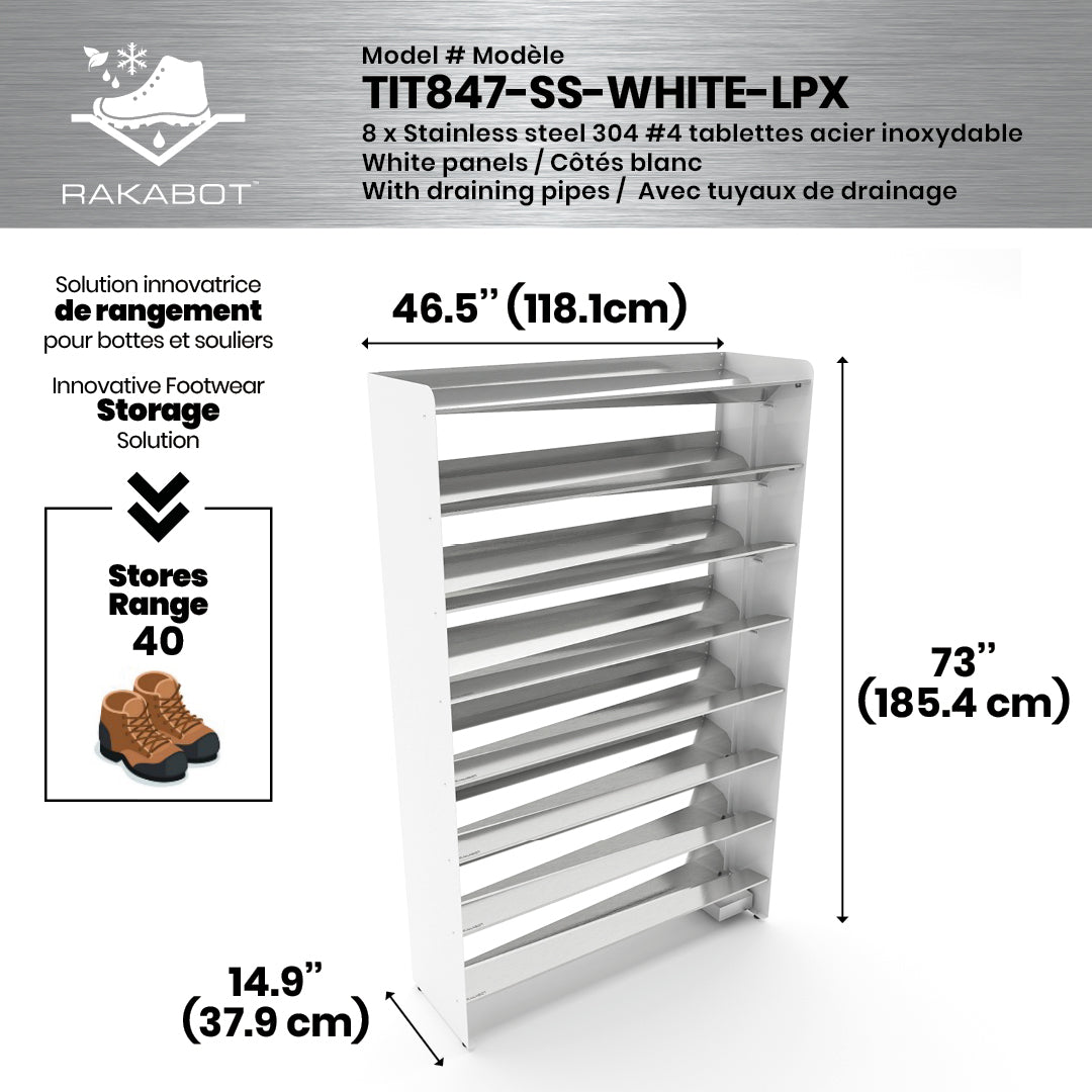 Boot Rack 47" wide - Rustproof Channeling Water Into Containers 2 to 8 Shelves Rakabot Titan