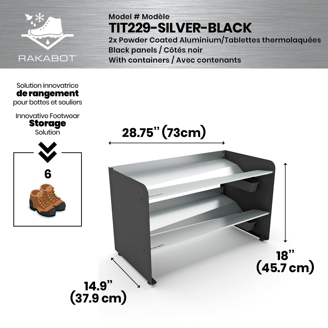 Boot Rack 29" wide - Rustproof Channeling Water Into Containers 2 to 8 Shelves Rakabot Titan