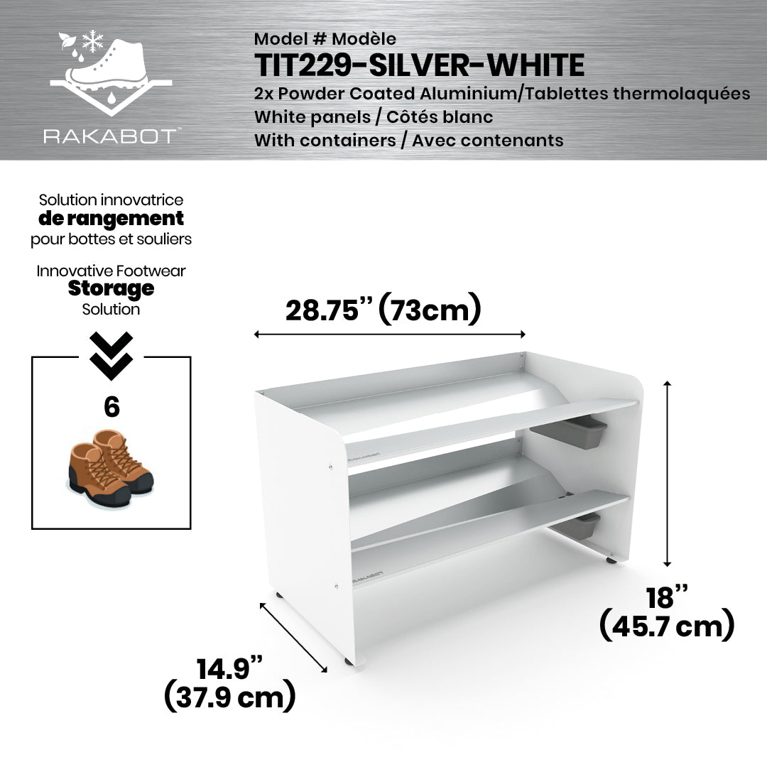 Boot Rack 29" wide - Rustproof Channeling Water Into Containers 2 to 8 Shelves Rakabot Titan