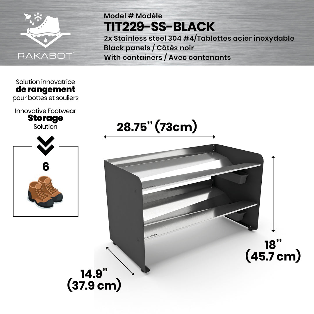 Boot Rack 29" wide - Rustproof Channeling Water Into Containers 2 to 8 Shelves Rakabot Titan