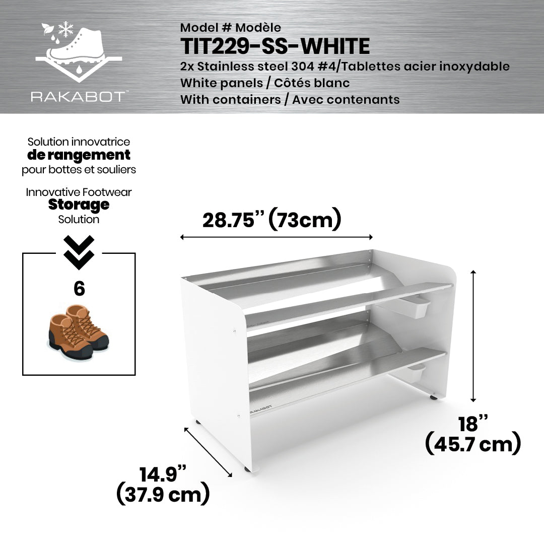 Boot Rack 29" wide - Rustproof Channeling Water Into Containers 2 to 8 Shelves Rakabot Titan