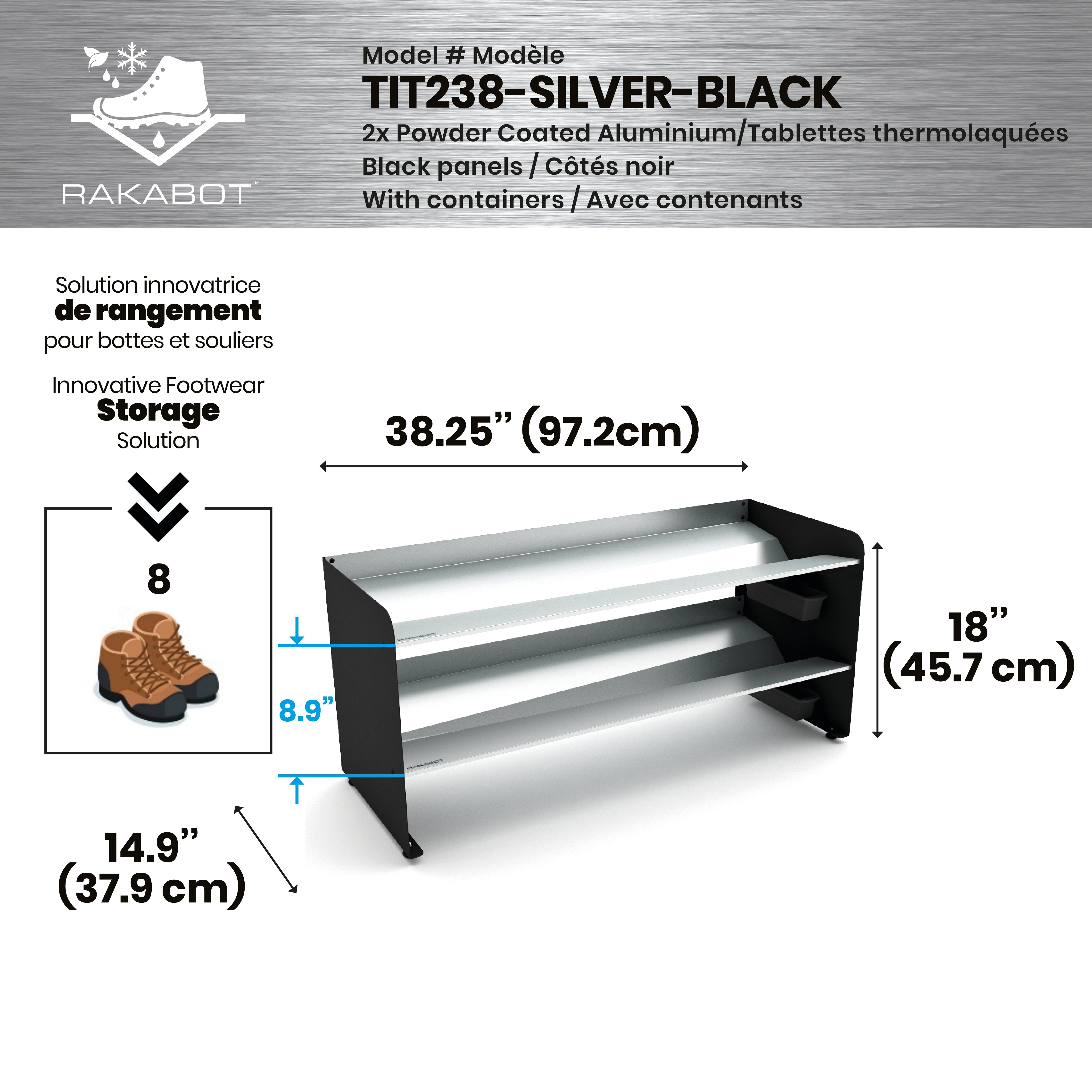 Commercial Boot Rack 38" wide - Rustproof Channeling Water Into Containers 2 to 8 Shelves Rakabot Titan