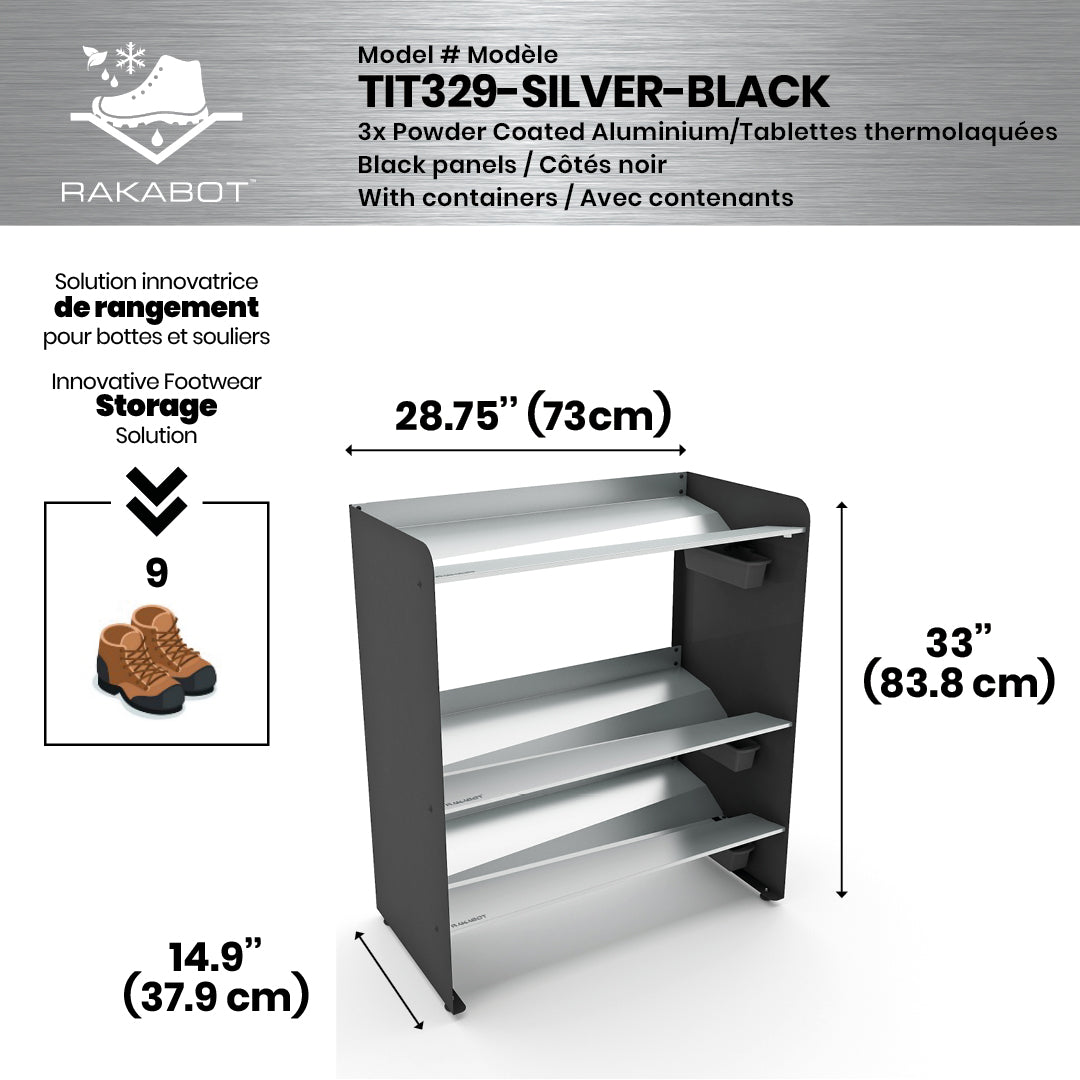 Boot Rack 29" wide - Rustproof Channeling Water Into Containers 2 to 8 Shelves Rakabot Titan