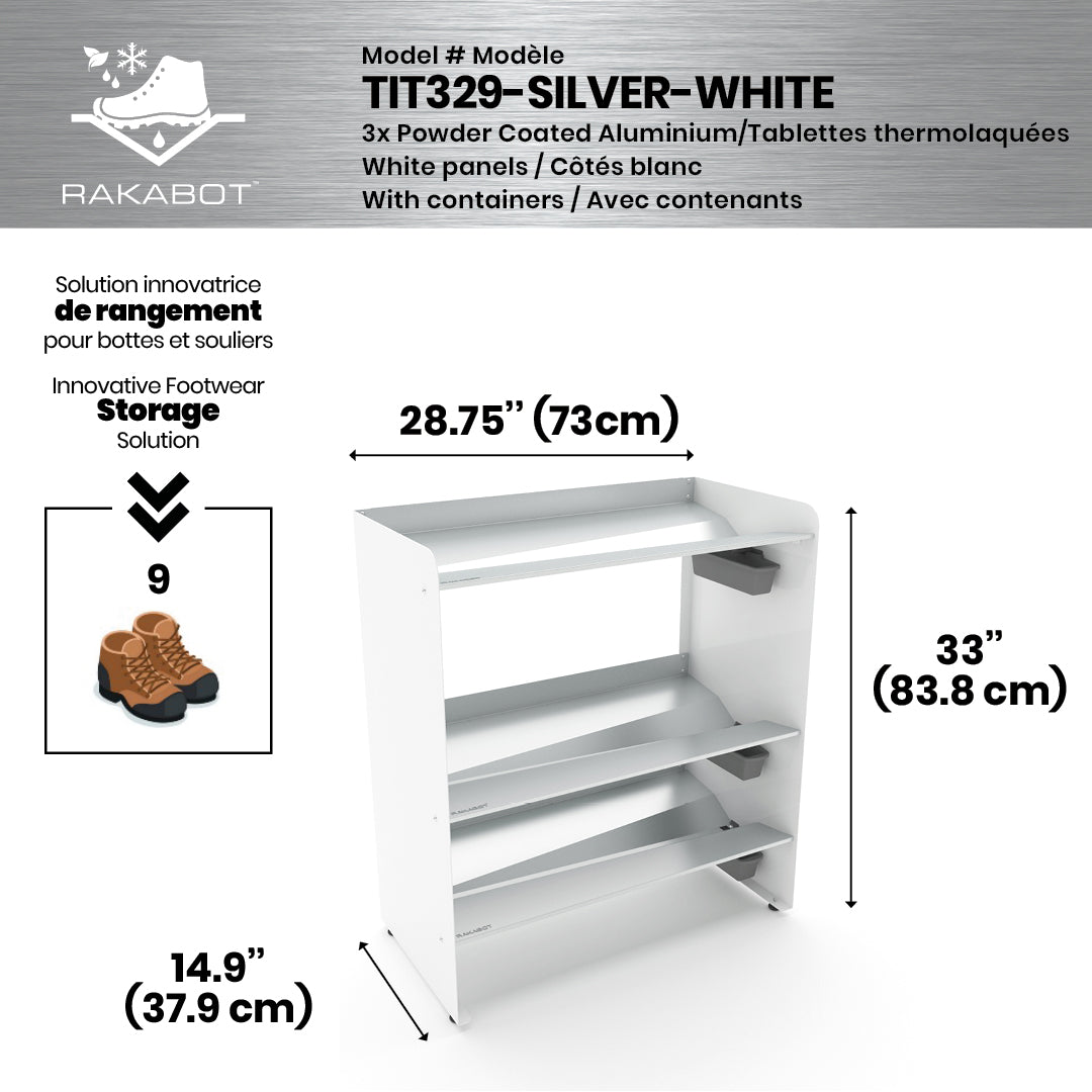 Boot Rack 29" wide - Rustproof Channeling Water Into Containers 2 to 8 Shelves Rakabot Titan