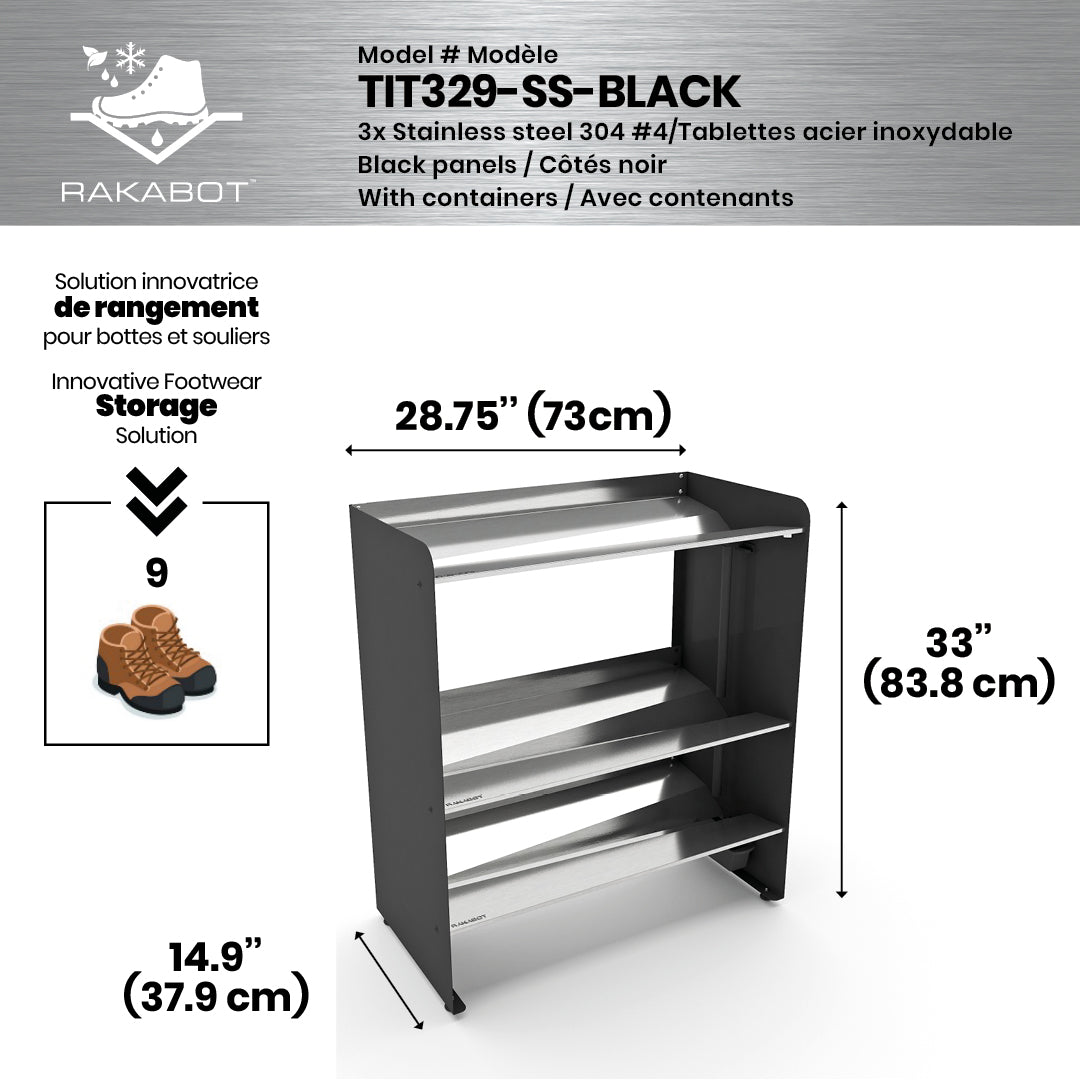 Boot Rack 29" wide - Rustproof Channeling Water Into Containers 2 to 8 Shelves Rakabot Titan