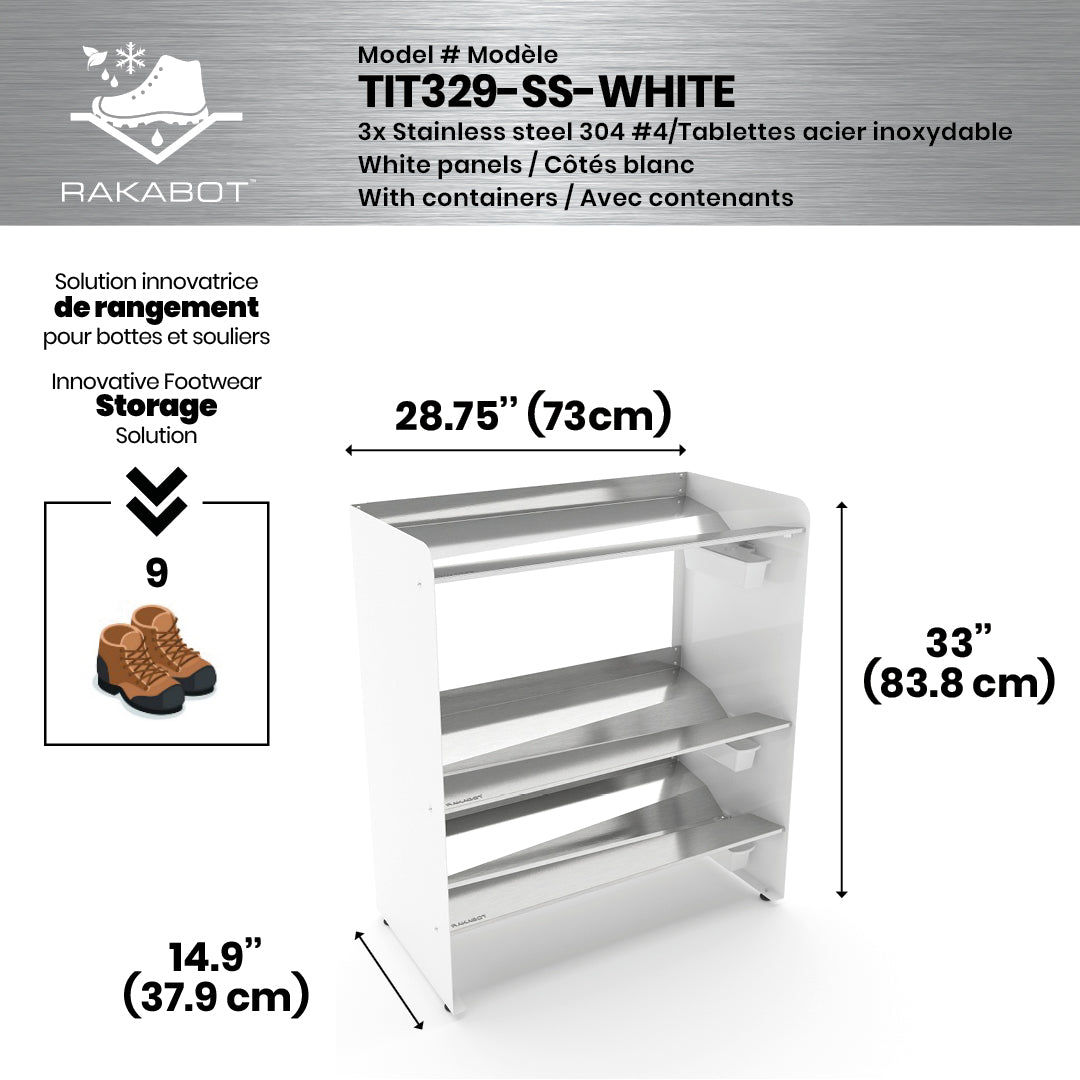 Boot Rack 29" wide - Rustproof Channeling Water Into Containers 2 to 8 Shelves Rakabot Titan