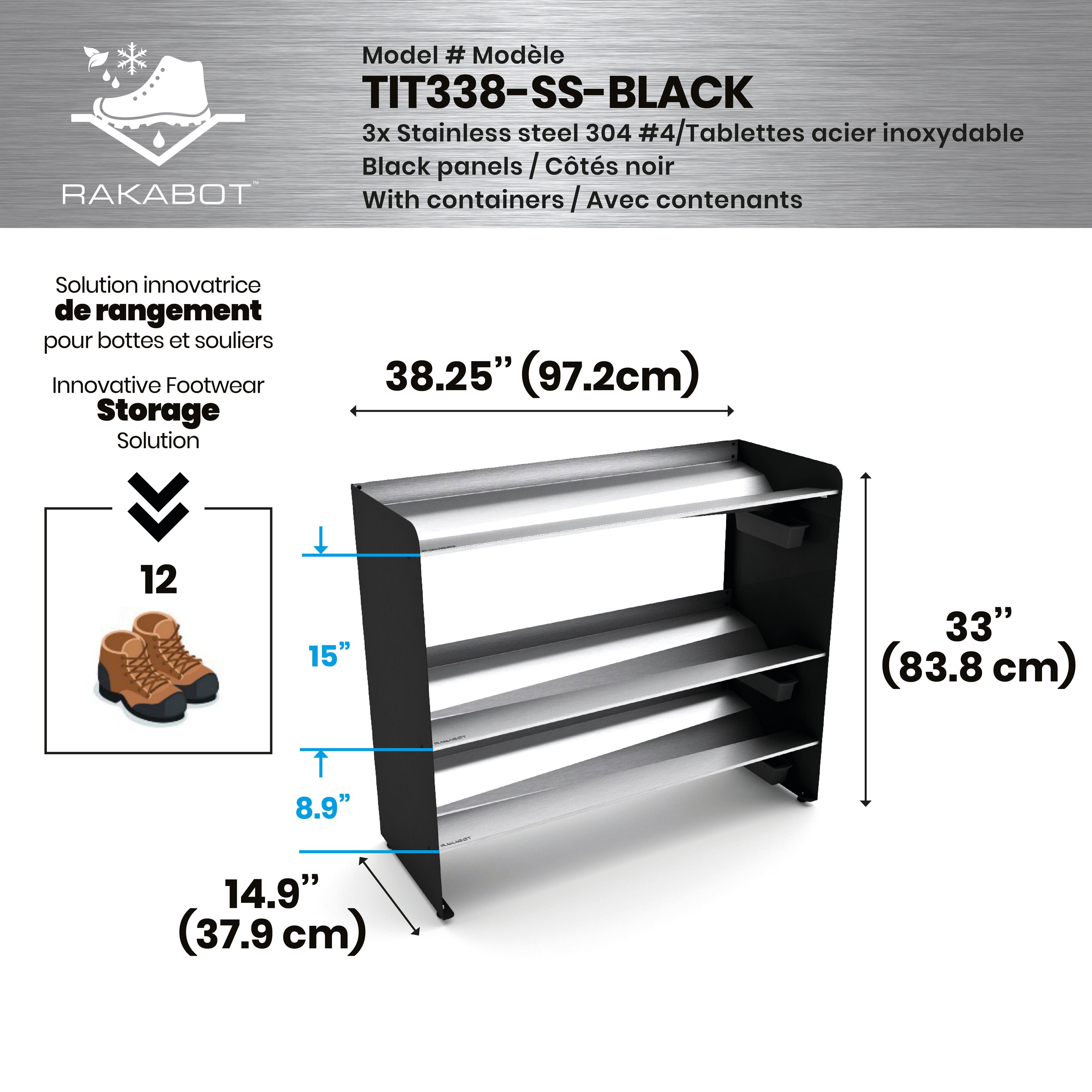 Commercial Boot Rack 38" wide - Rustproof Channeling Water Into Containers 2 to 8 Shelves Rakabot Titan