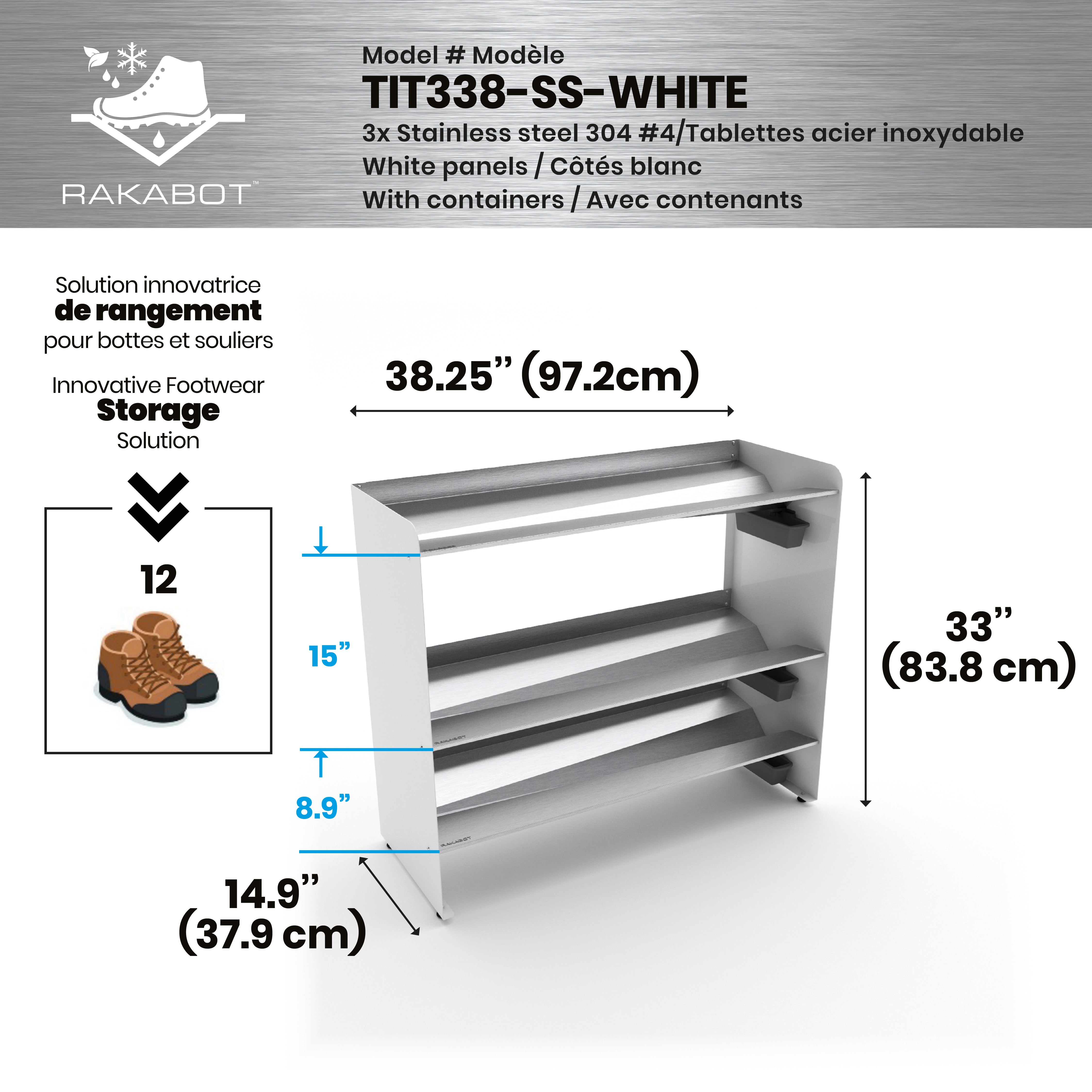 Commercial Boot Rack 38" wide - Rustproof Channeling Water Into Containers 2 to 8 Shelves Rakabot Titan