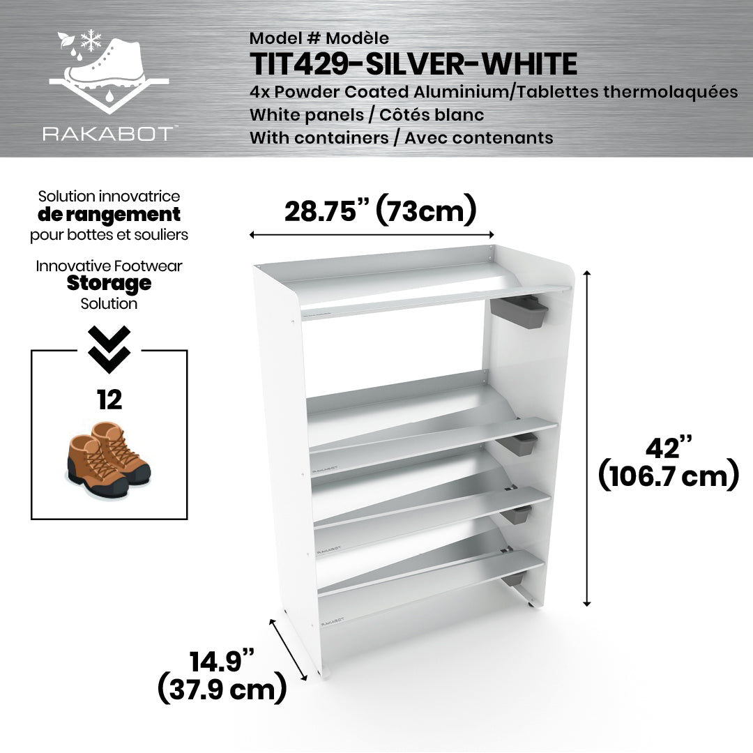 Boot Rack 29" wide - Rustproof Channeling Water Into Containers 2 to 8 Shelves Rakabot Titan