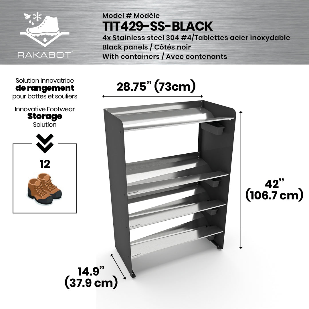 Boot Rack 29" wide - Rustproof Channeling Water Into Containers 2 to 8 Shelves Rakabot Titan