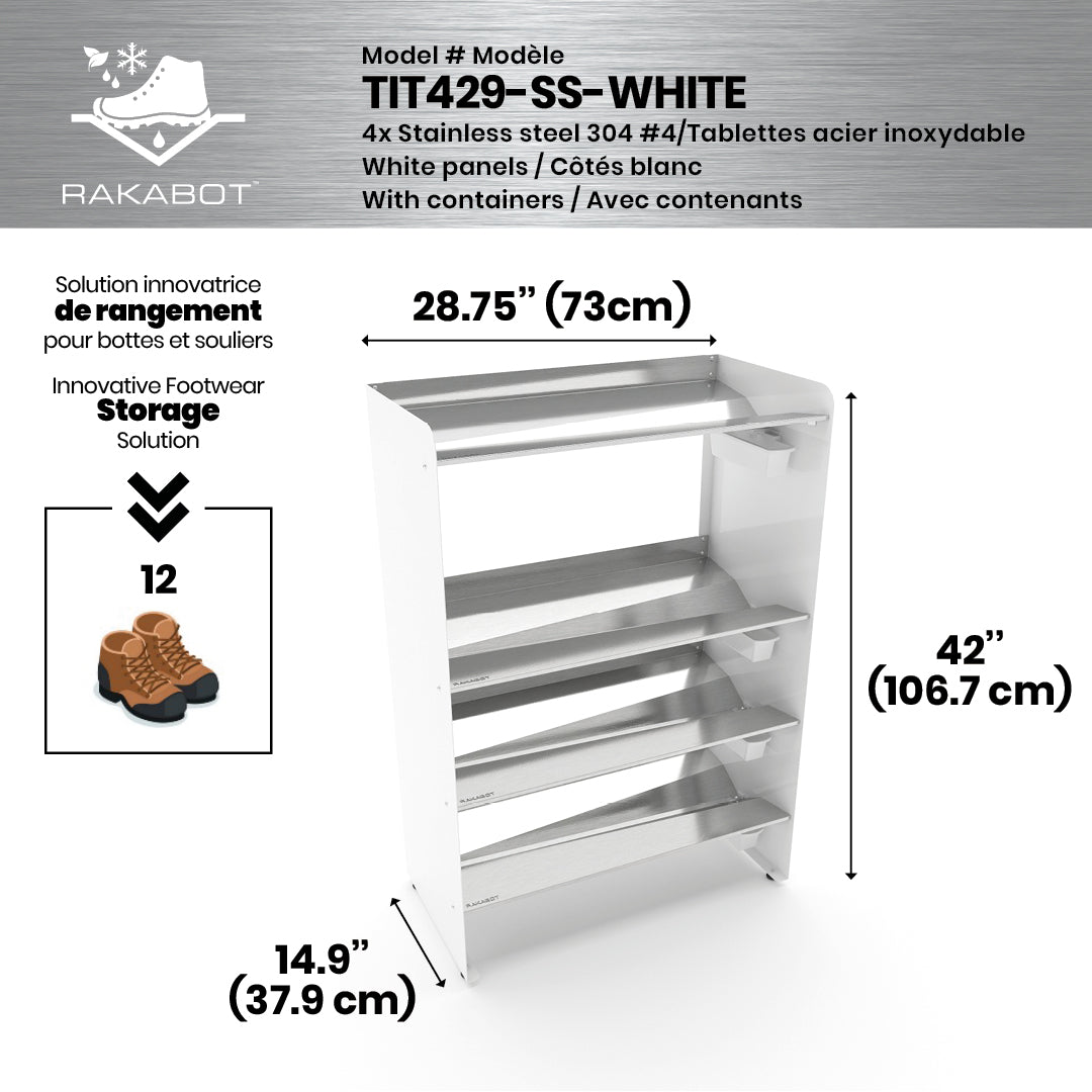 Boot Rack 29" wide - Rustproof Channeling Water Into Containers 2 to 8 Shelves Rakabot Titan