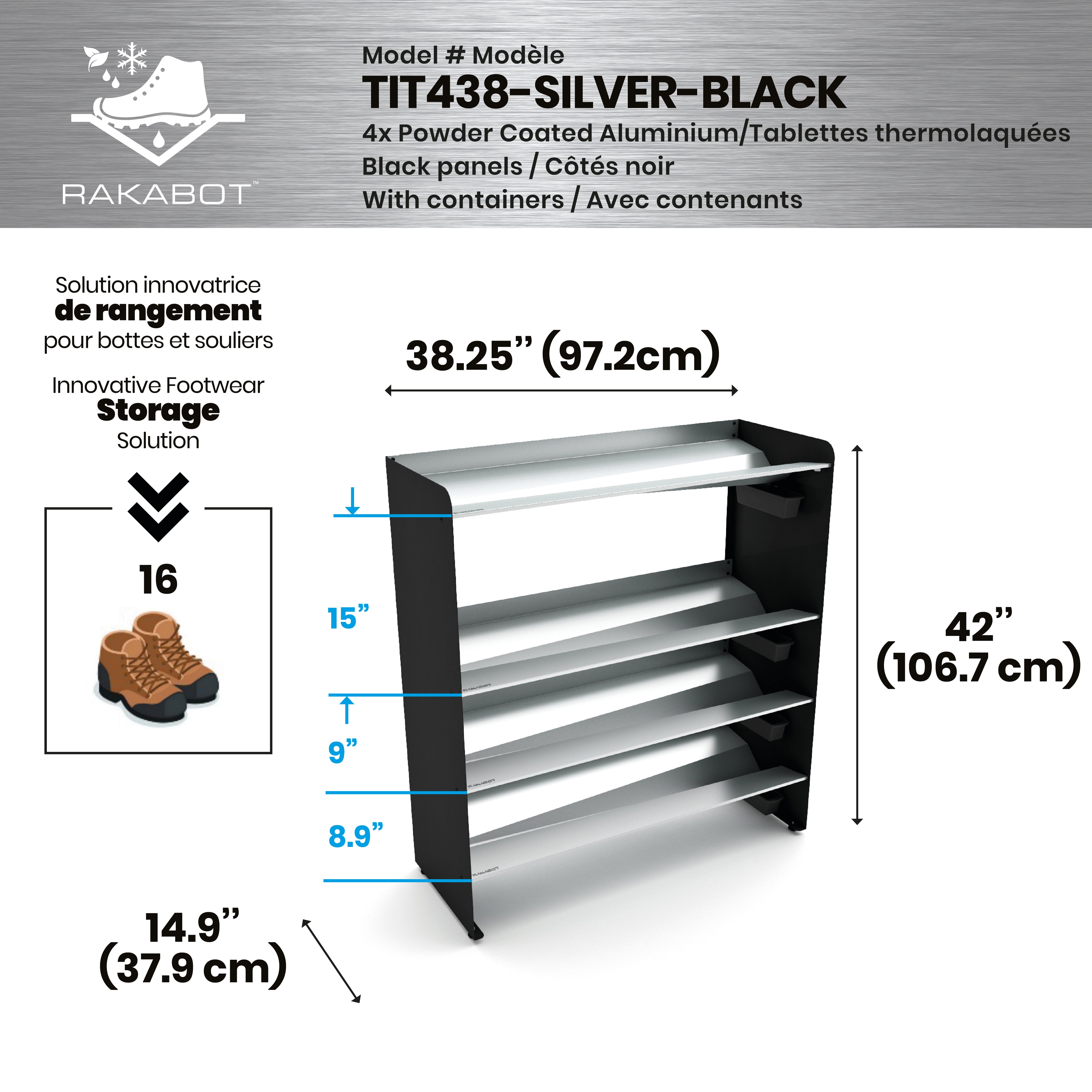 Commercial Boot Rack 38" wide - Rustproof Channeling Water Into Containers 2 to 8 Shelves Rakabot Titan