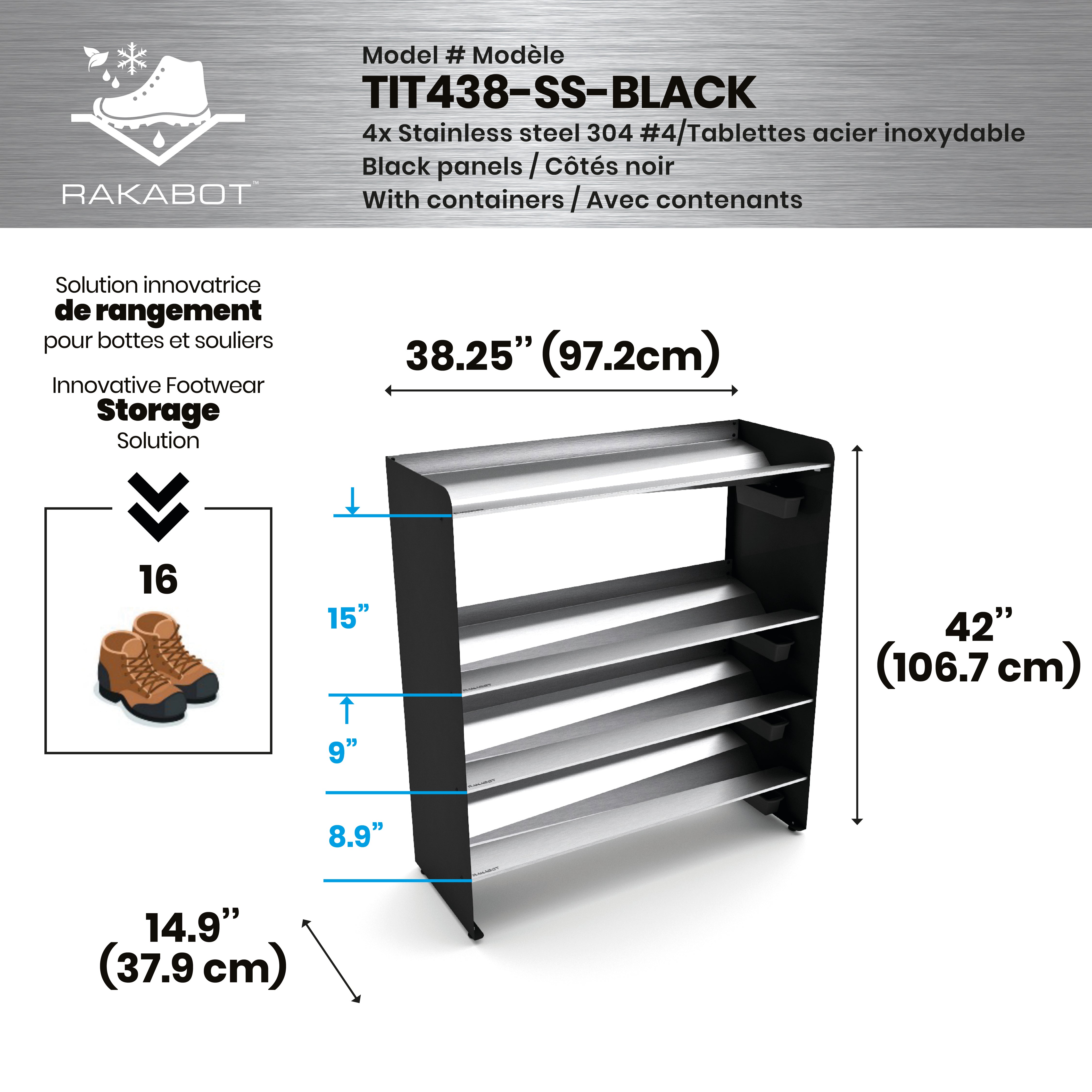Commercial Boot Rack 38" wide - Rustproof Channeling Water Into Containers 2 to 8 Shelves Rakabot Titan