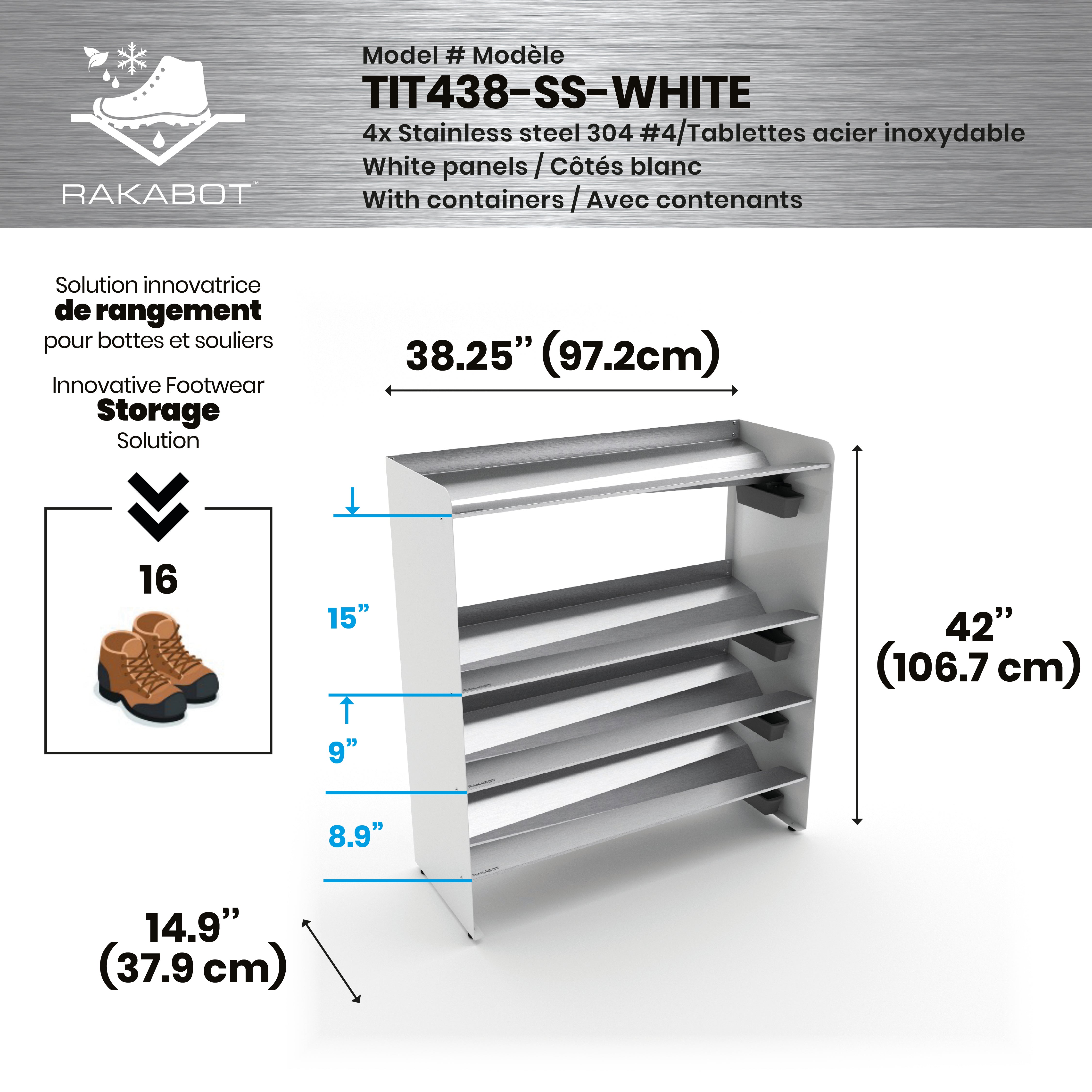 Commercial Boot Rack 38" wide - Rustproof Channeling Water Into Containers 2 to 8 Shelves Rakabot Titan