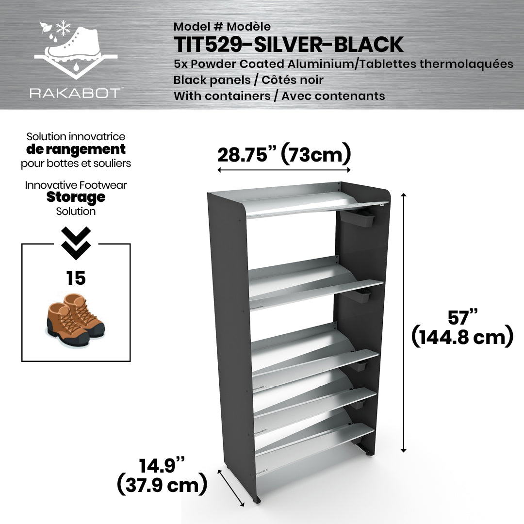 Boot Rack 29" wide - Rustproof Channeling Water Into Containers 2 to 8 Shelves Rakabot Titan