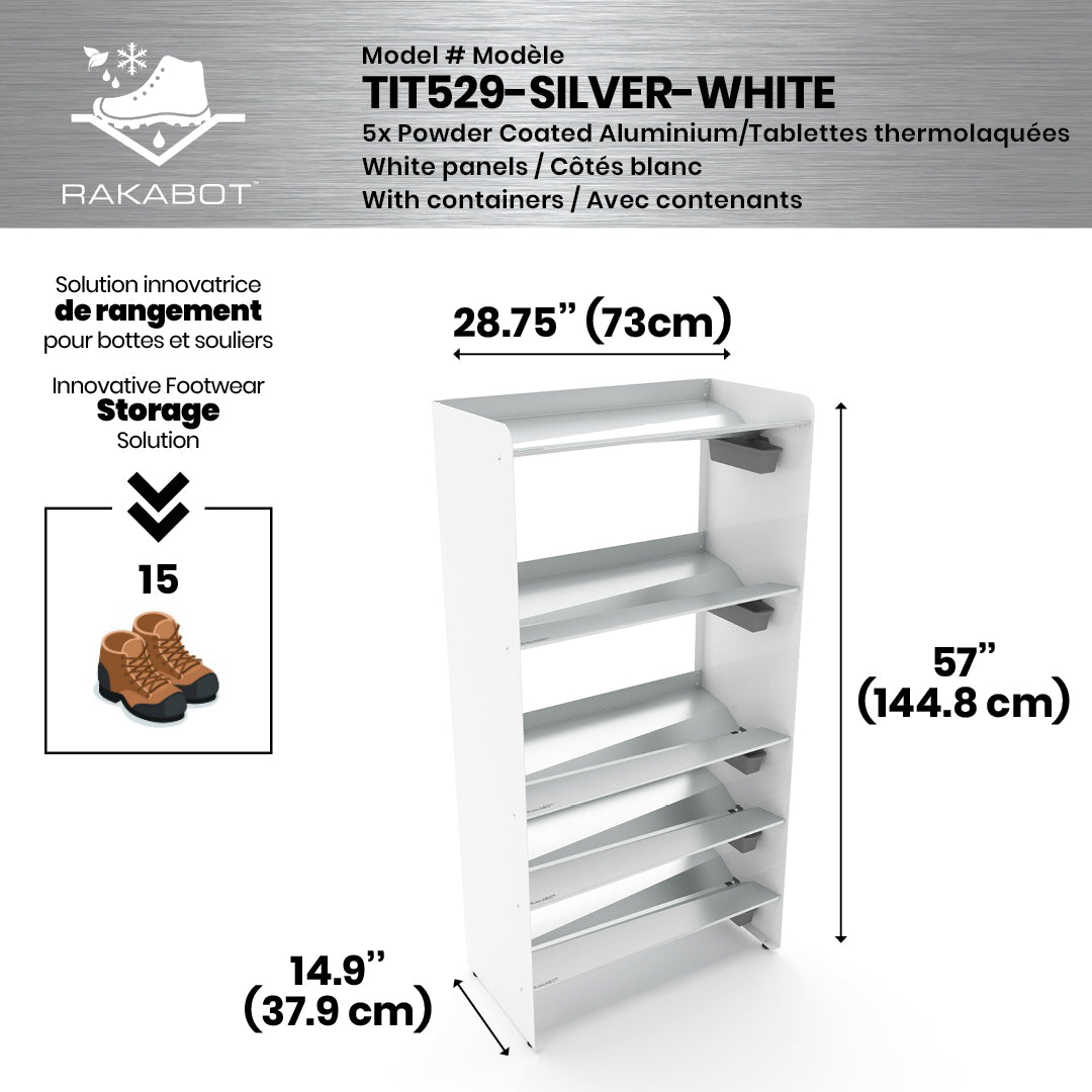 Boot Rack 29" wide - Rustproof Channeling Water Into Containers 2 to 8 Shelves Rakabot Titan