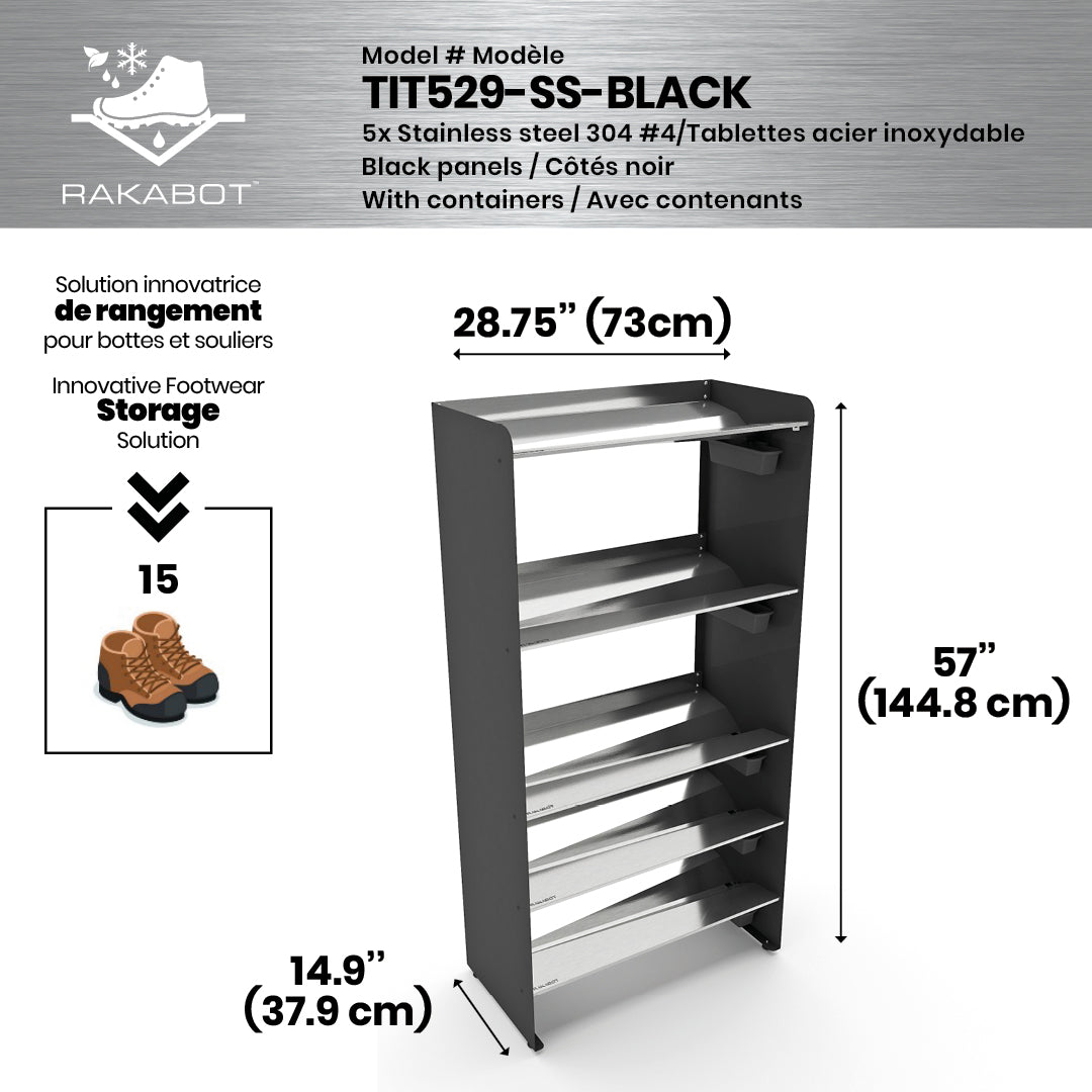 Boot Rack 29" wide - Rustproof Channeling Water Into Containers 2 to 8 Shelves Rakabot Titan