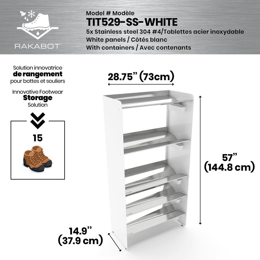 Boot Rack 29" wide - Rustproof Channeling Water Into Containers 2 to 8 Shelves Rakabot Titan