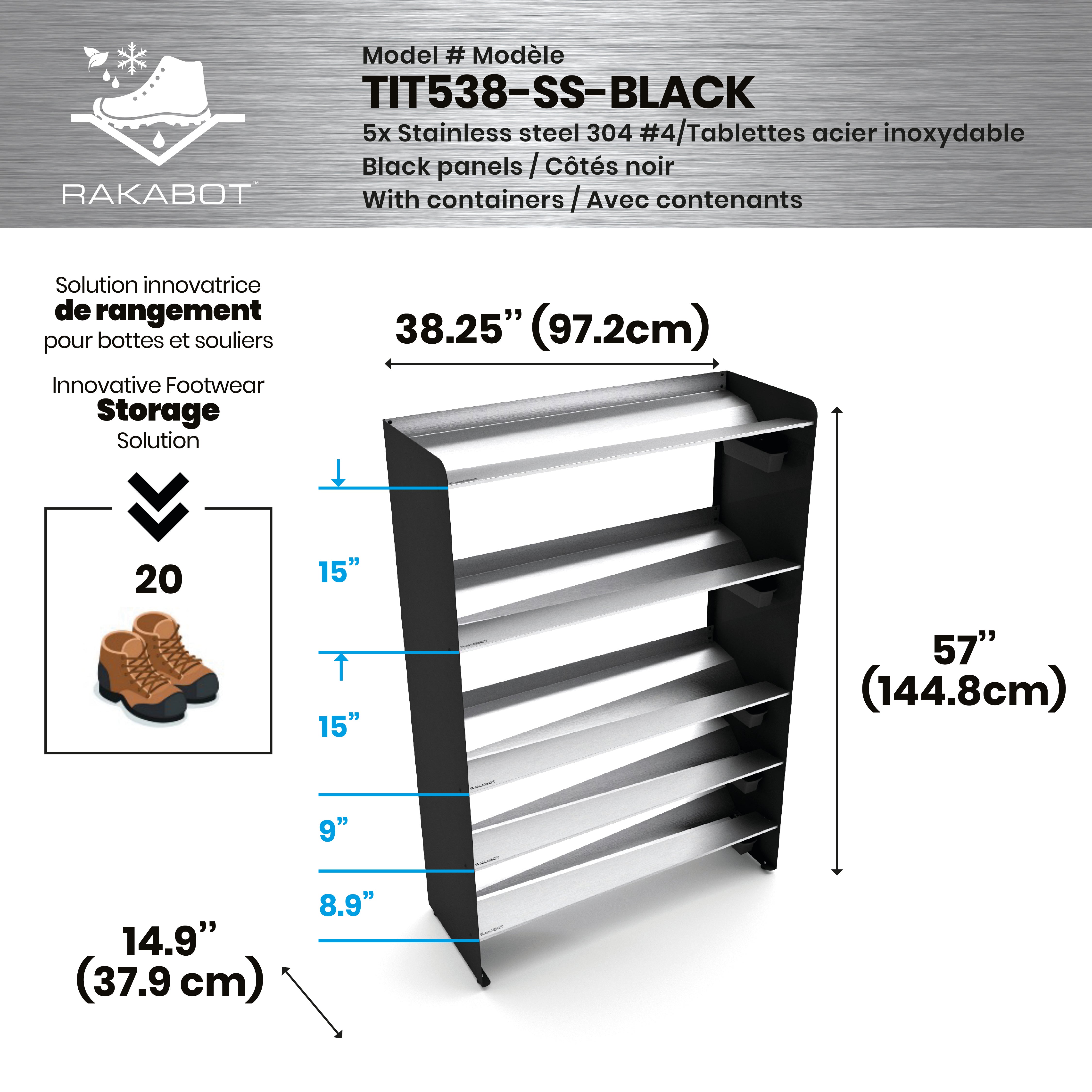 Commercial Boot Rack 38" wide - Rustproof Channeling Water Into Containers 2 to 8 Shelves Rakabot Titan