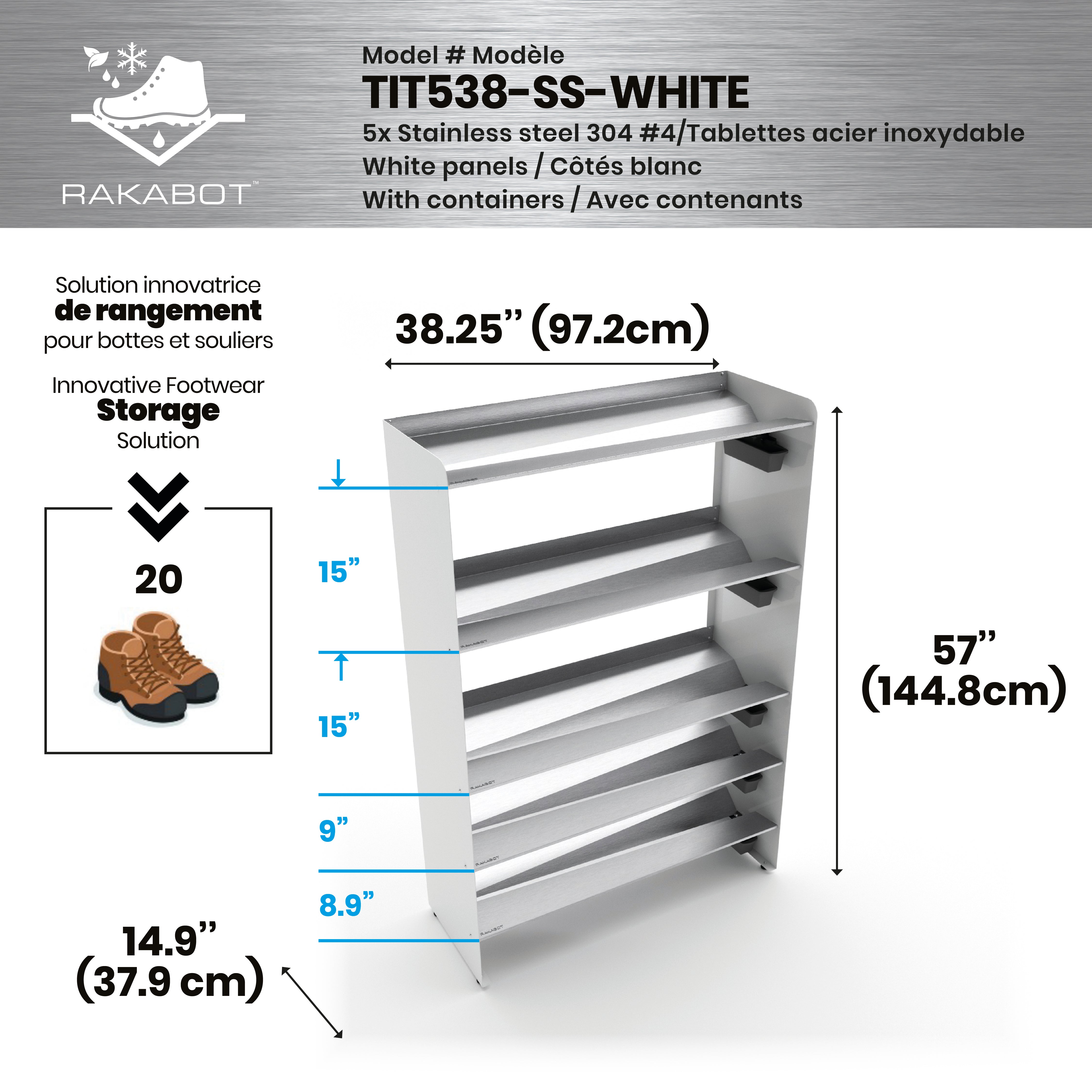 Commercial Boot Rack 38" wide - Rustproof Channeling Water Into Containers 2 to 8 Shelves Rakabot Titan