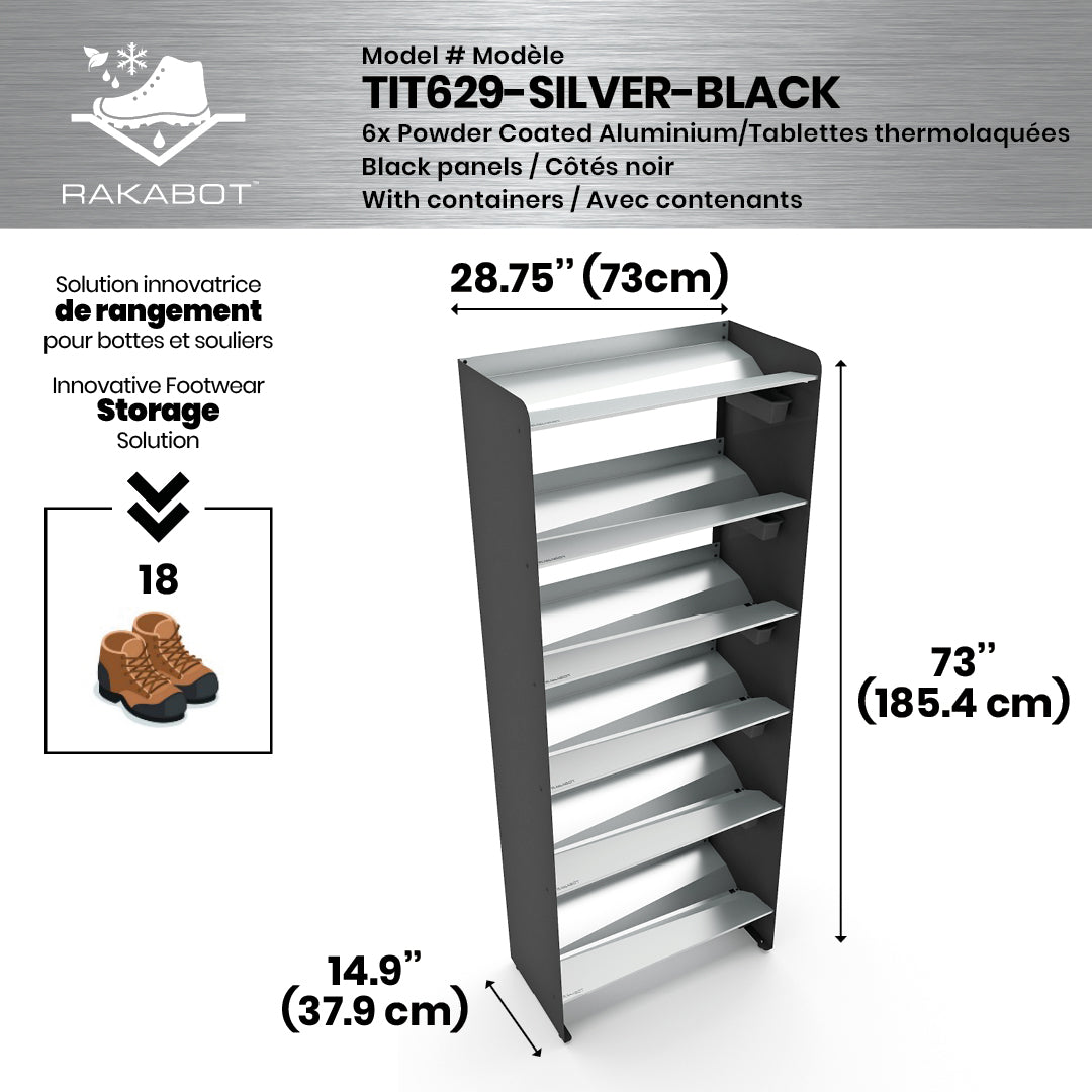 Boot Rack 29" wide - Rustproof Channeling Water Into Containers 2 to 8 Shelves Rakabot Titan