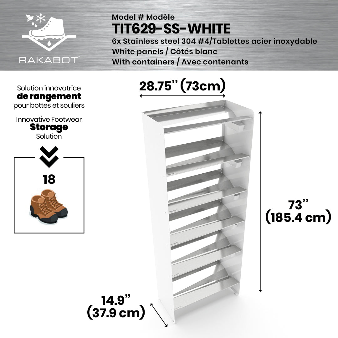 Boot Rack 29" wide - Rustproof Channeling Water Into Containers 2 to 8 Shelves Rakabot Titan
