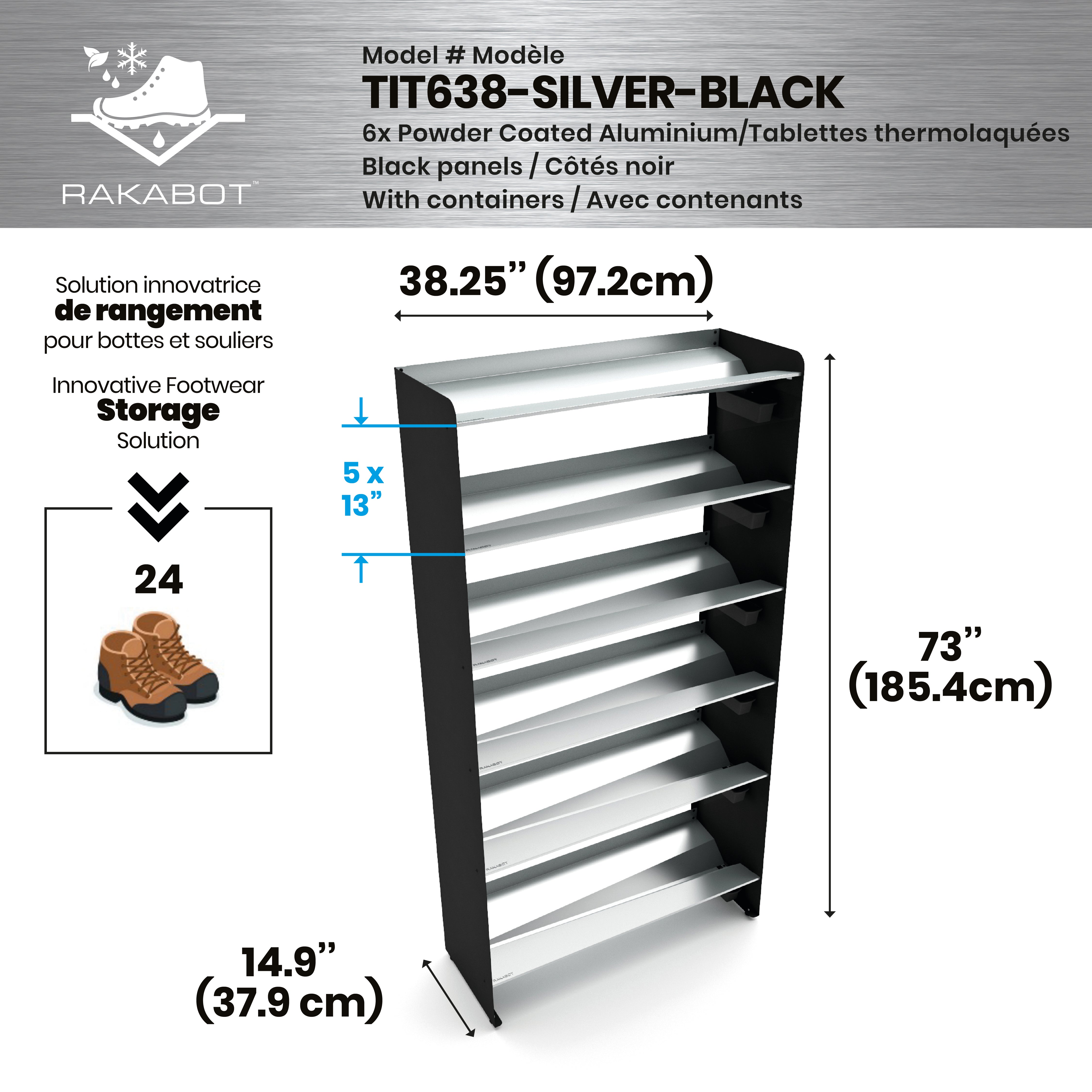 Commercial Boot Rack 38" wide - Rustproof Channeling Water Into Containers 2 to 8 Shelves Rakabot Titan