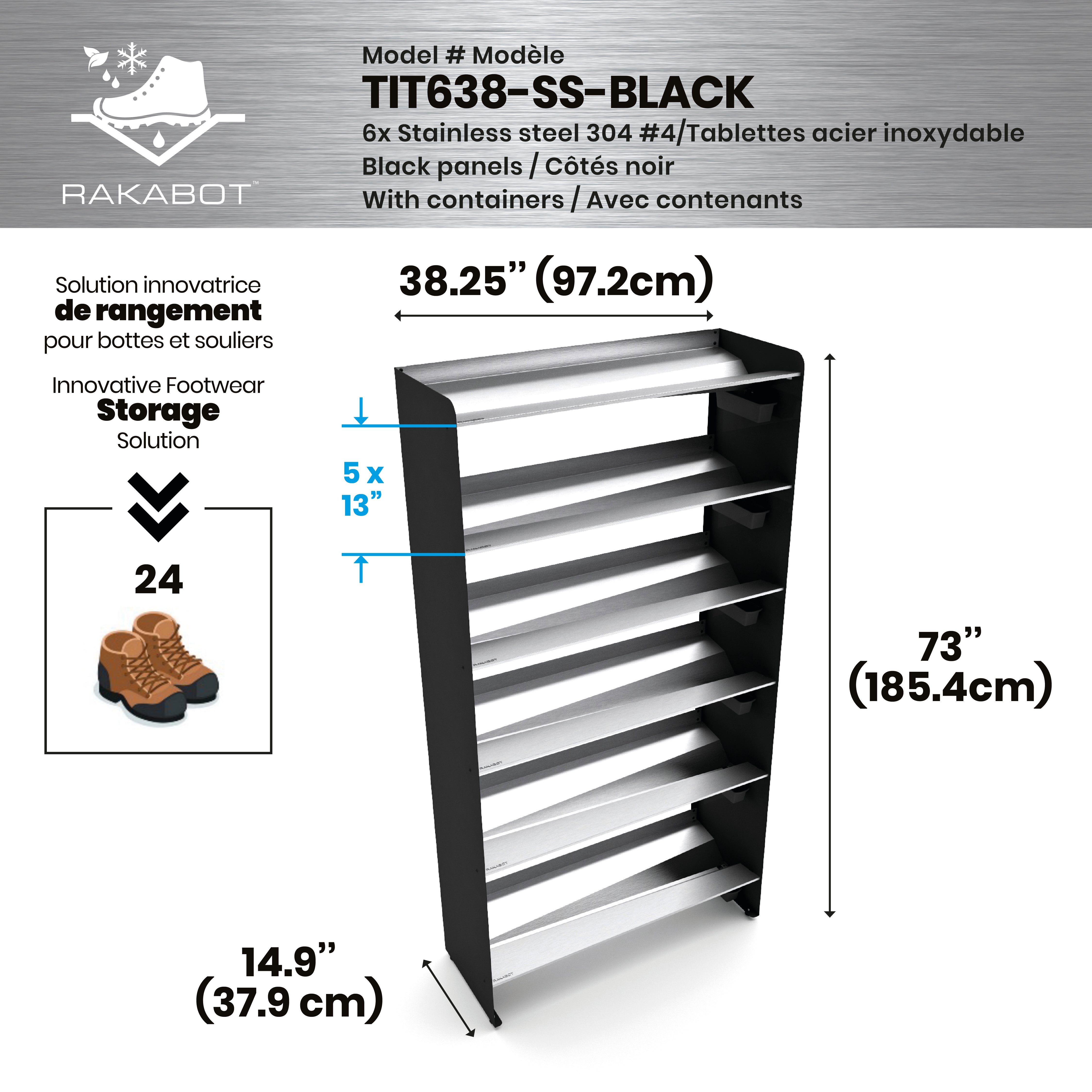 Commercial Boot Rack 38" wide - Rustproof Channeling Water Into Containers 2 to 8 Shelves Rakabot Titan
