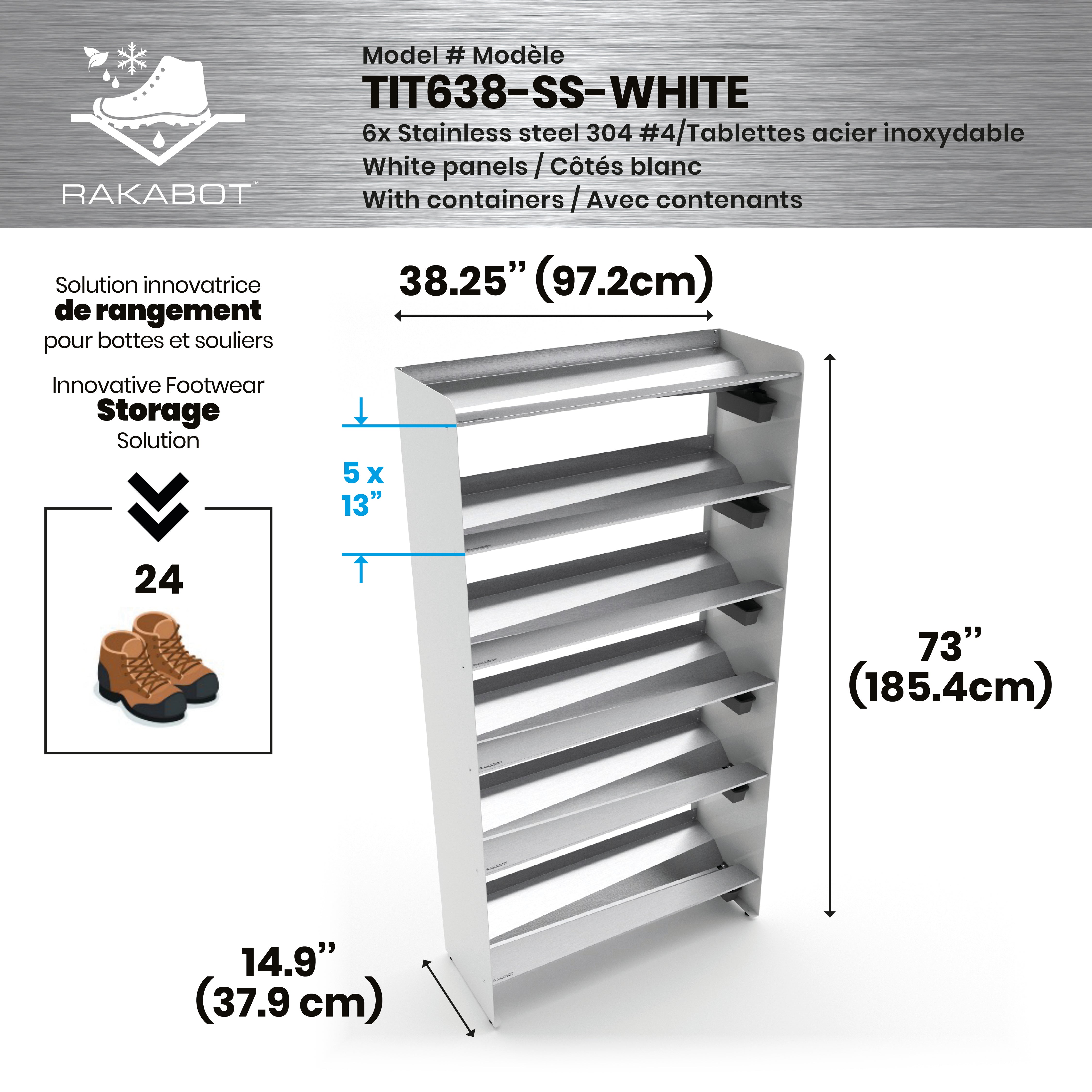 Commercial Boot Rack 38" wide - Rustproof Channeling Water Into Containers 2 to 8 Shelves Rakabot Titan