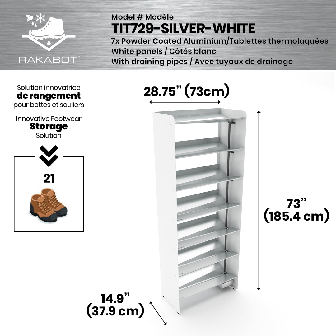 Boot Rack 29" wide - Rustproof Channeling Water Into Containers 2 to 8 Shelves Rakabot Titan