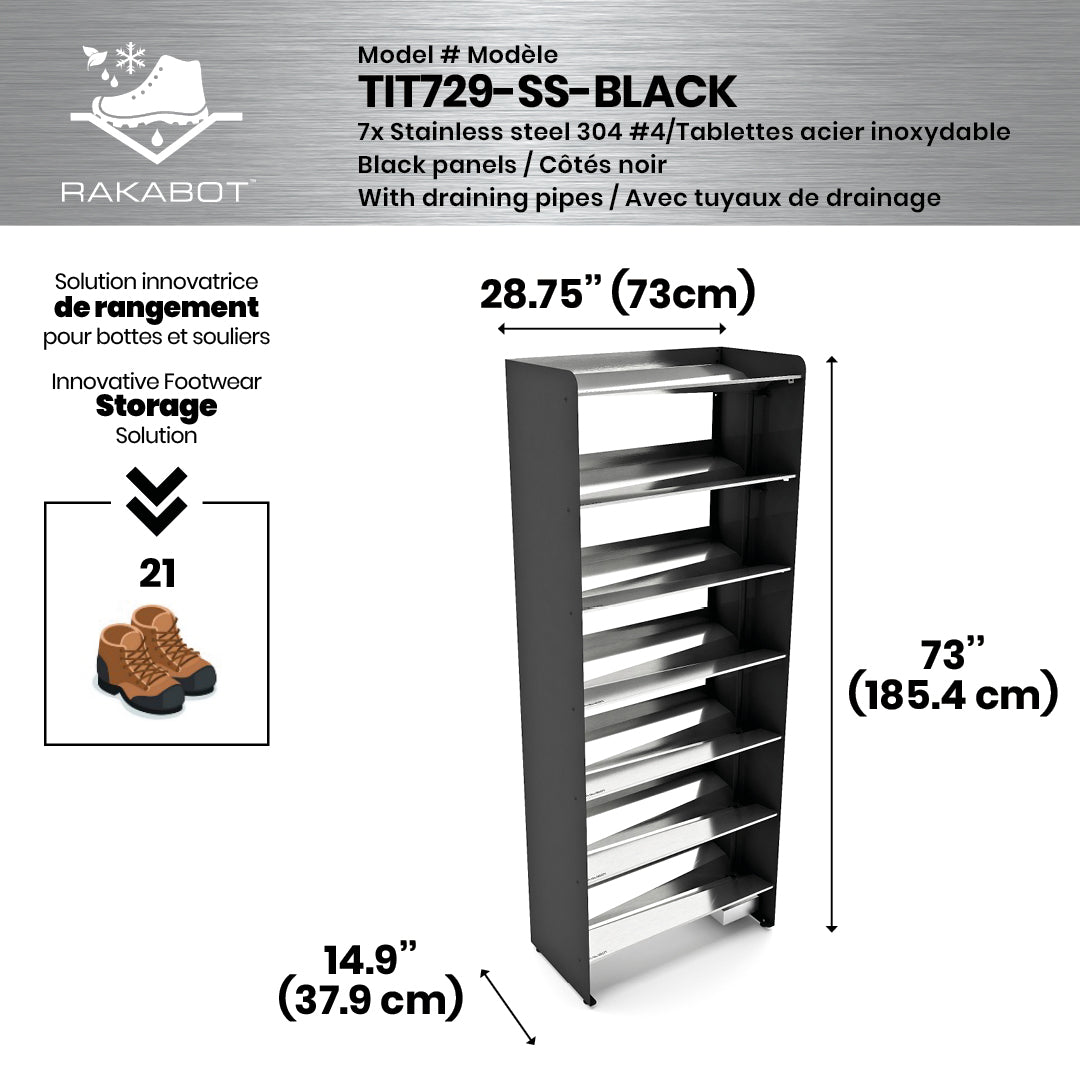 Boot Rack 29" wide - Rustproof Channeling Water Into Containers 2 to 8 Shelves Rakabot Titan