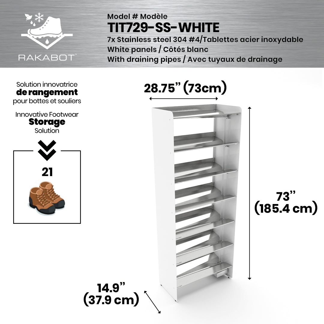Boot Rack 29" wide - Rustproof Channeling Water Into Containers 2 to 8 Shelves Rakabot Titan