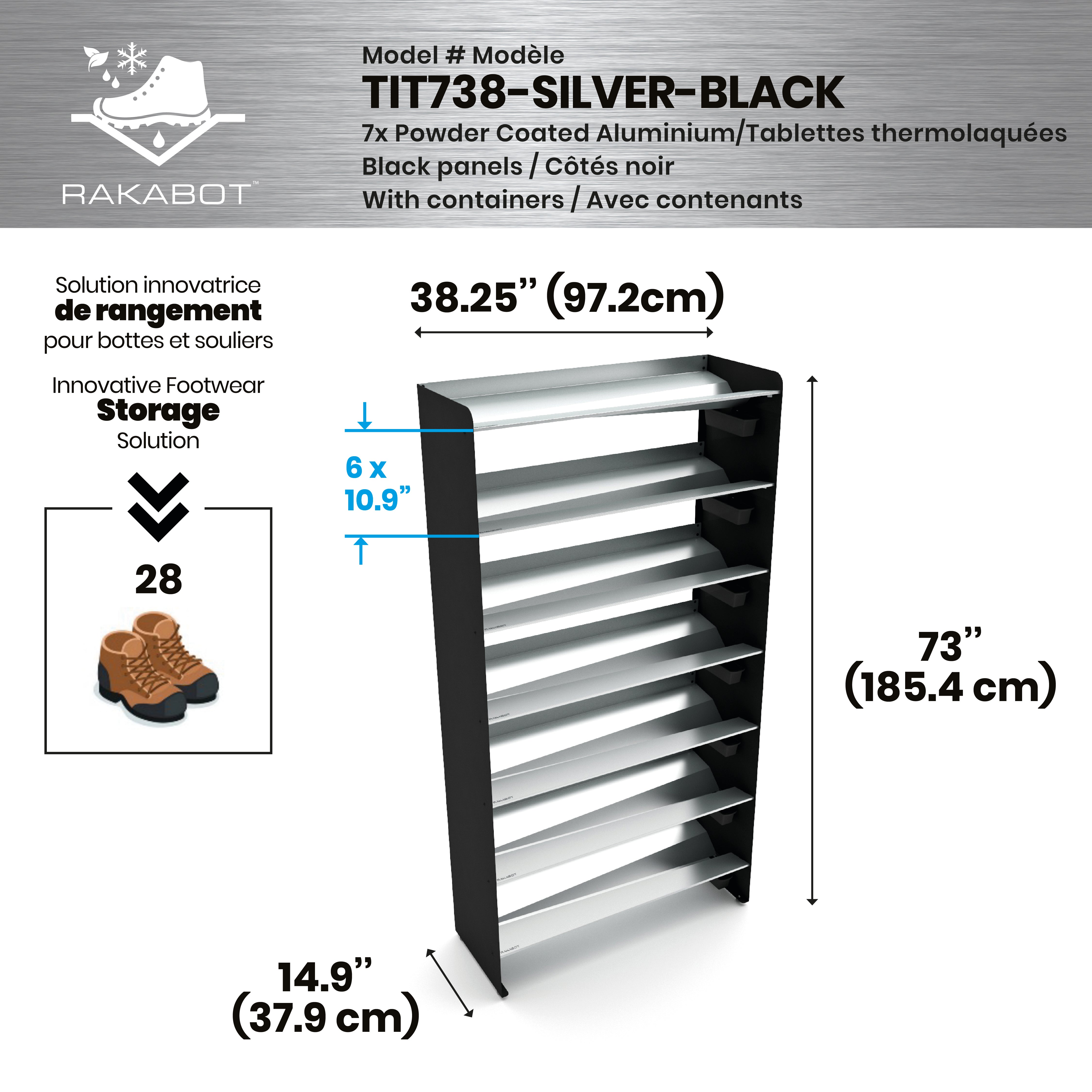 Commercial Boot Rack 38" wide - Rustproof Channeling Water Into Containers 2 to 8 Shelves Rakabot Titan
