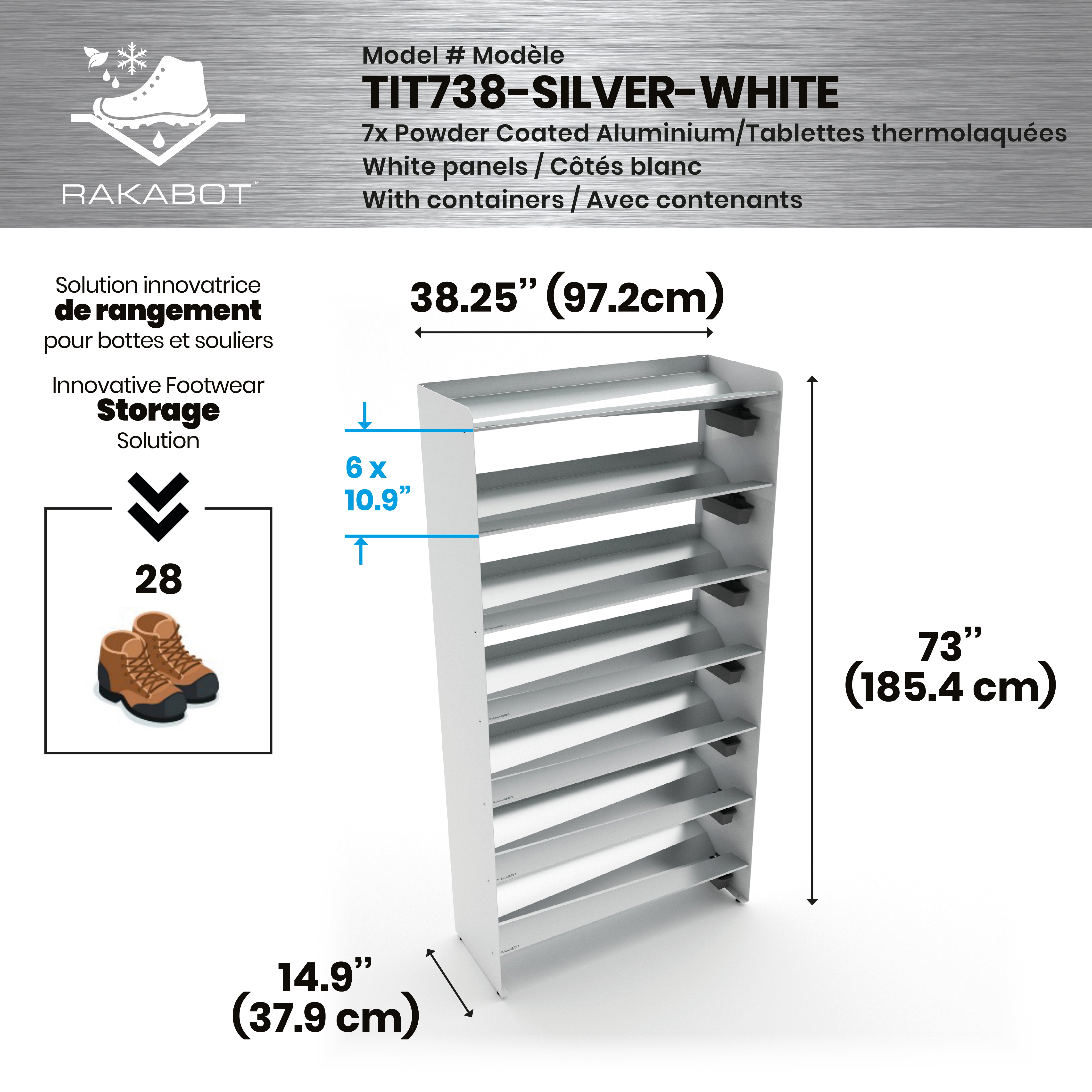 Commercial Boot Rack 38" wide - Rustproof Channeling Water Into Containers 2 to 8 Shelves Rakabot Titan