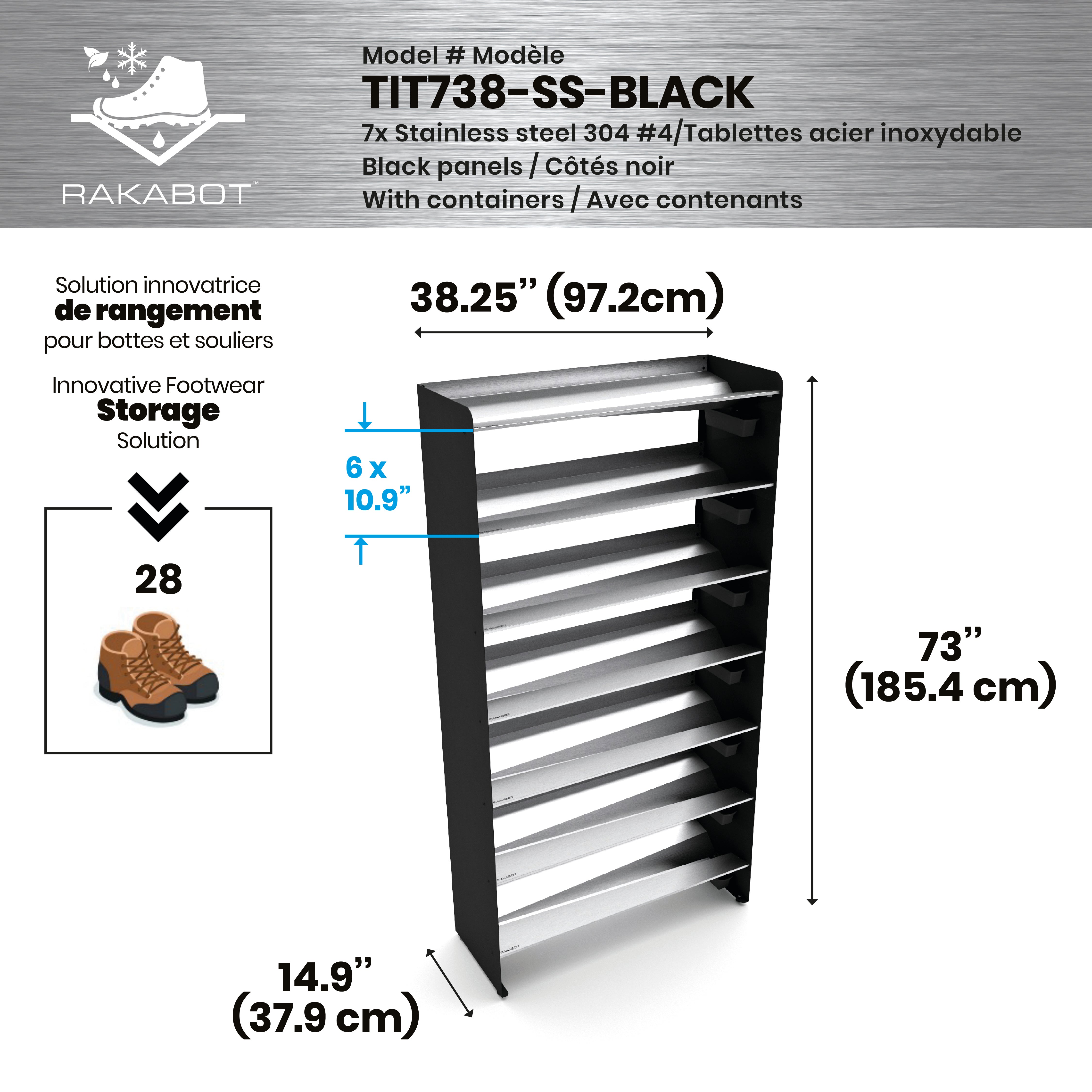 Commercial Boot Rack 38" wide - Rustproof Channeling Water Into Containers 2 to 8 Shelves Rakabot Titan