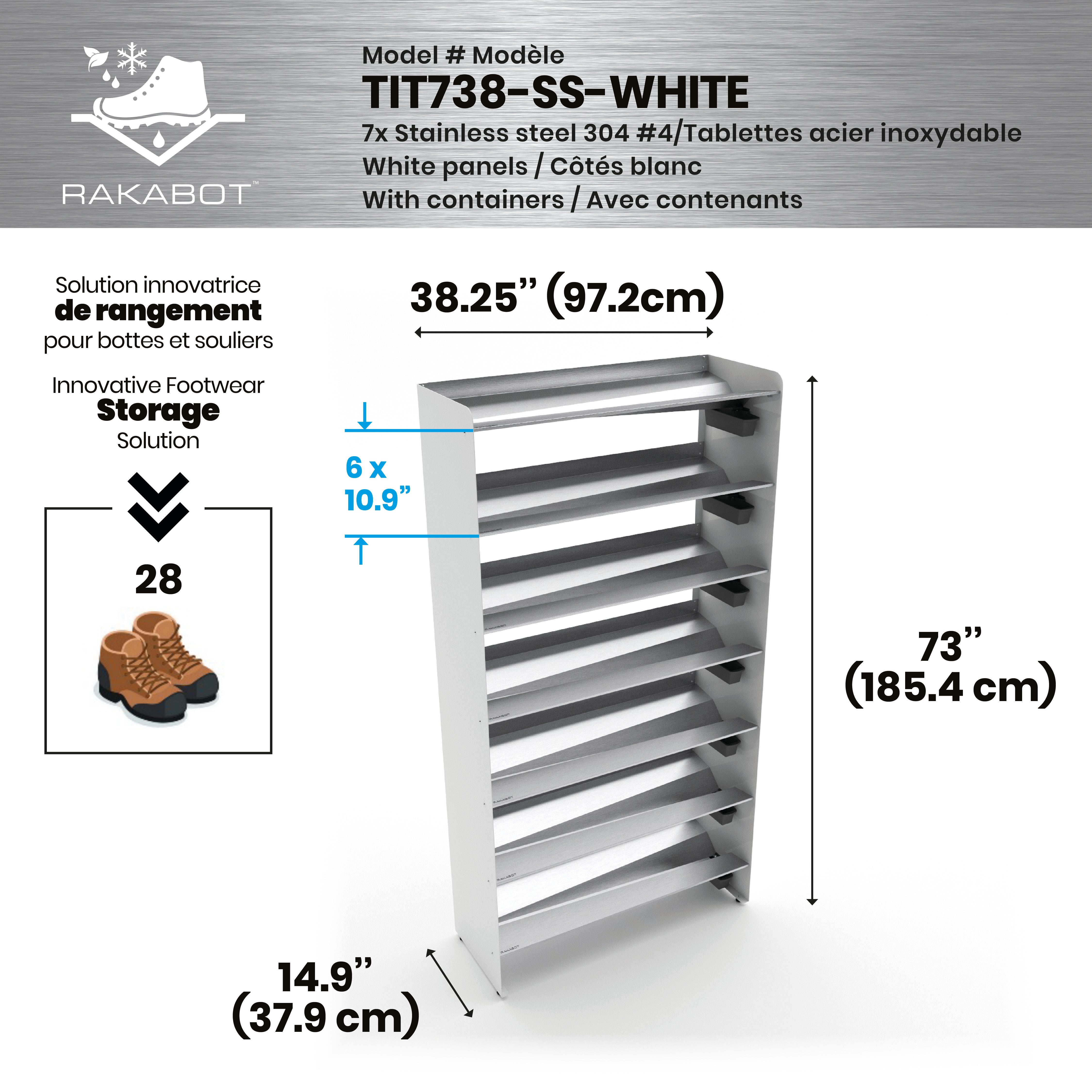 Commercial Boot Rack 38" wide - Rustproof Channeling Water Into Containers 2 to 8 Shelves Rakabot Titan
