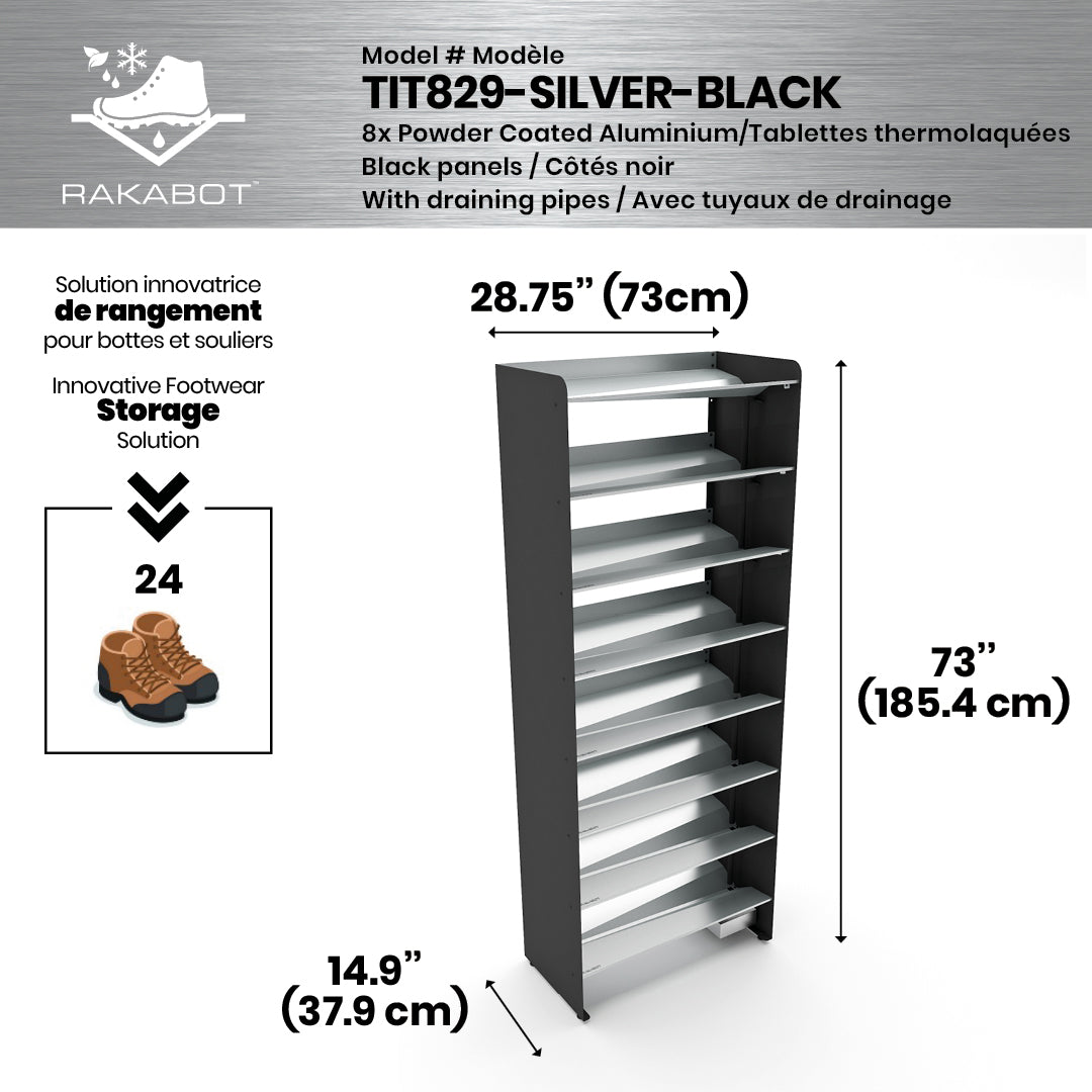 Boot Rack 29" wide - Rustproof Channeling Water Into Containers 2 to 8 Shelves Rakabot Titan