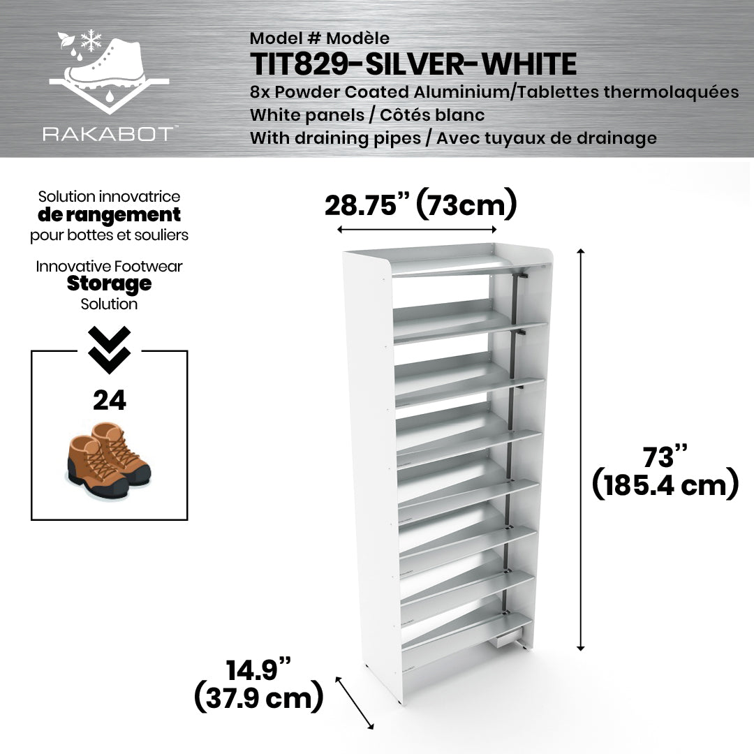 Boot Rack 29" wide - Rustproof Channeling Water Into Containers 2 to 8 Shelves Rakabot Titan