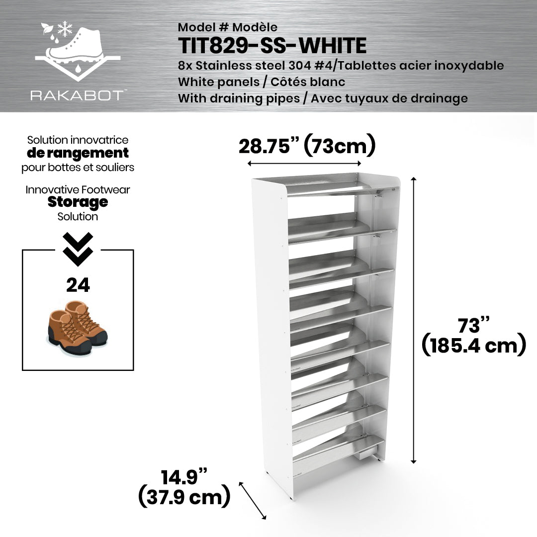 Boot Rack 29" wide - Rustproof Channeling Water Into Containers 2 to 8 Shelves Rakabot Titan