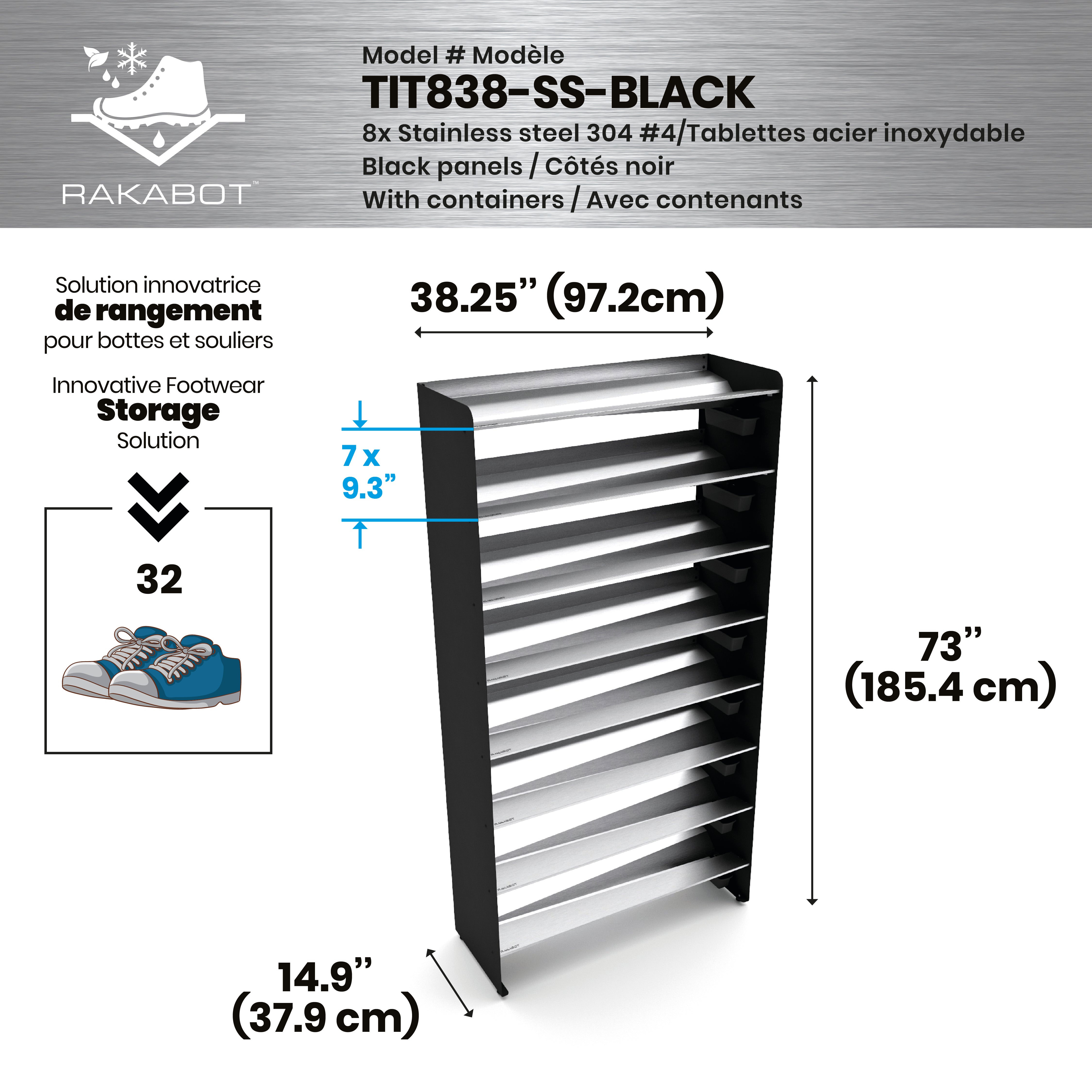 Commercial Boot Rack 38" wide - Rustproof Channeling Water Into Containers 2 to 8 Shelves Rakabot Titan