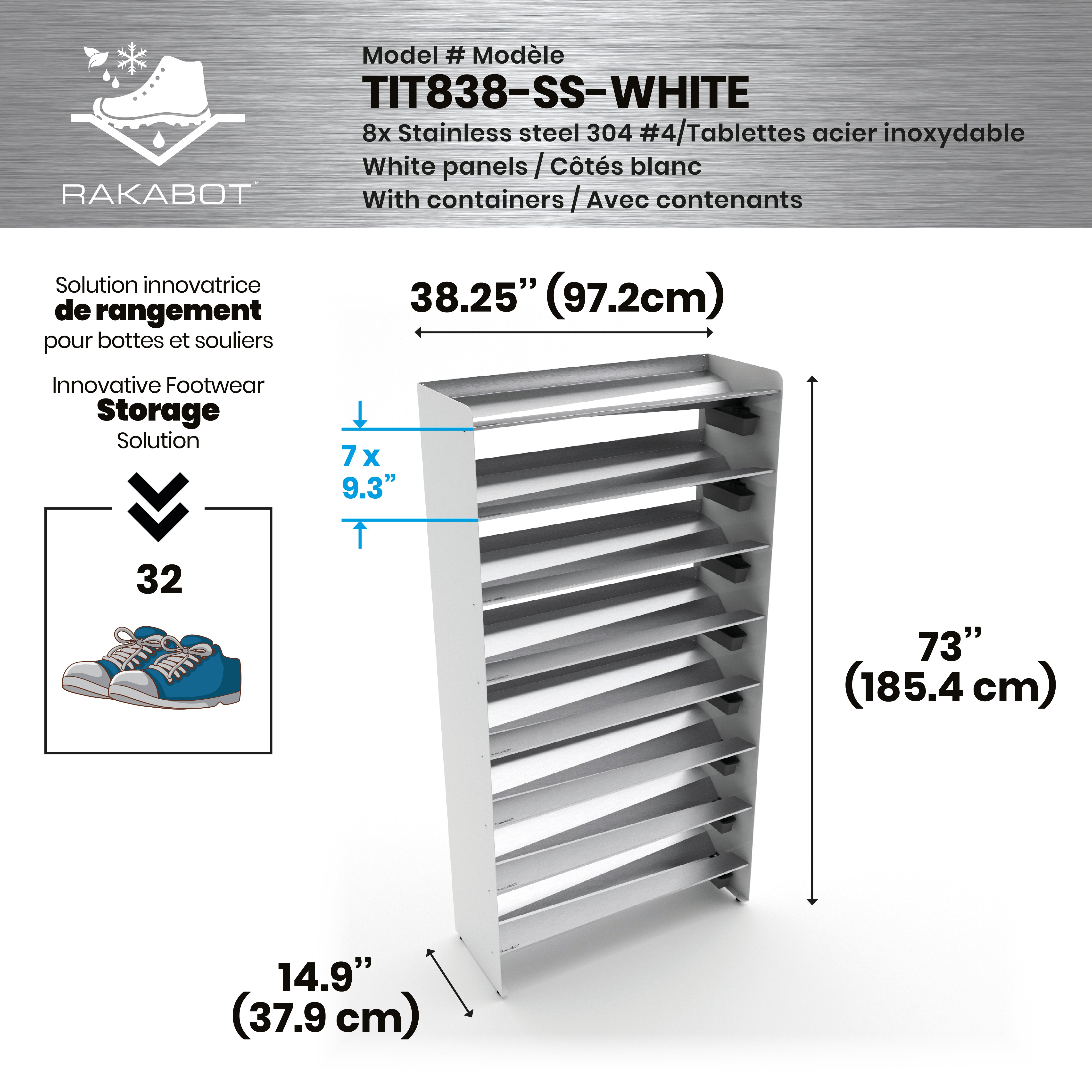 Commercial Boot Rack 38" wide - Rustproof Channeling Water Into Containers 2 to 8 Shelves Rakabot Titan