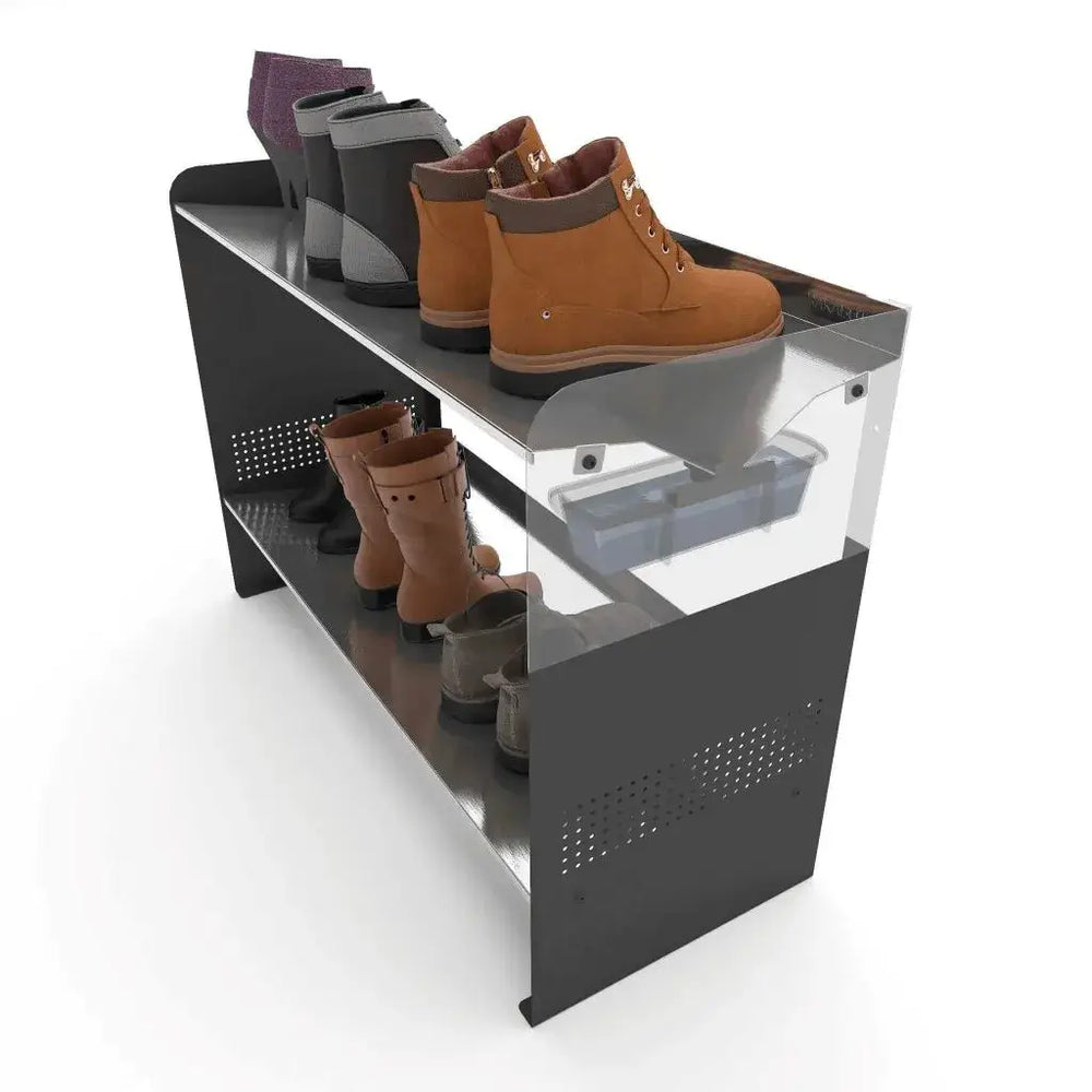 Cutaway view of a Rakabot Signature rack showing water channels and the collection container