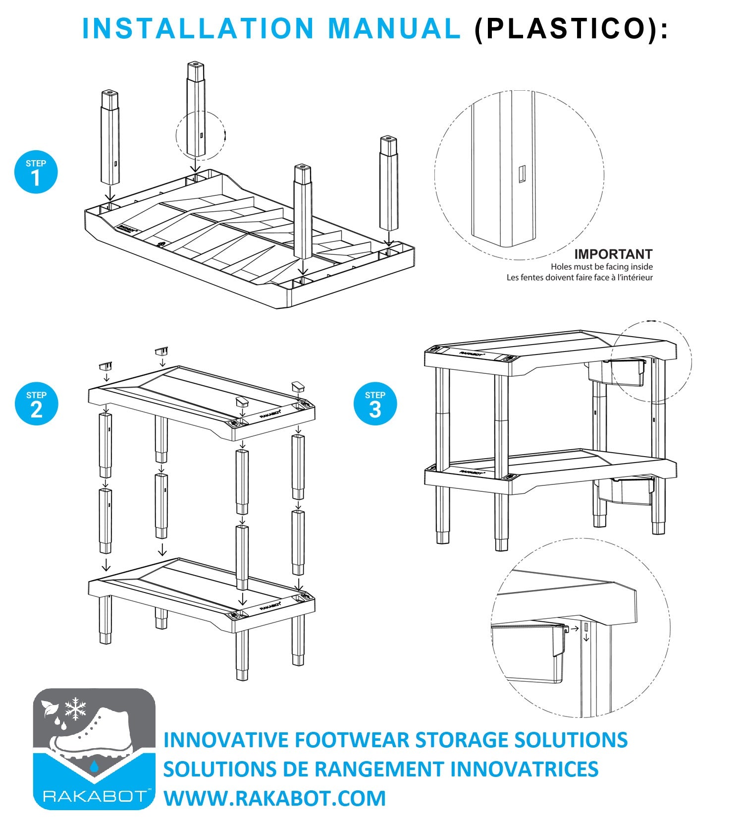 PORTE-BOTTES VERTICAL EMPILABLE EN PLASTIQUE, À ÉVACUATION D'EAU, 24" - 2 PAIRES/ÉTAGE