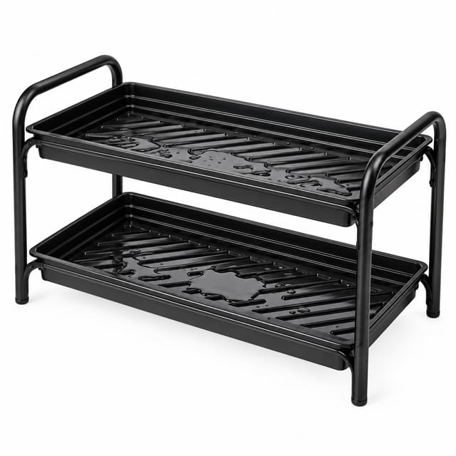 Illustration of stacked solid boot trays holding water
