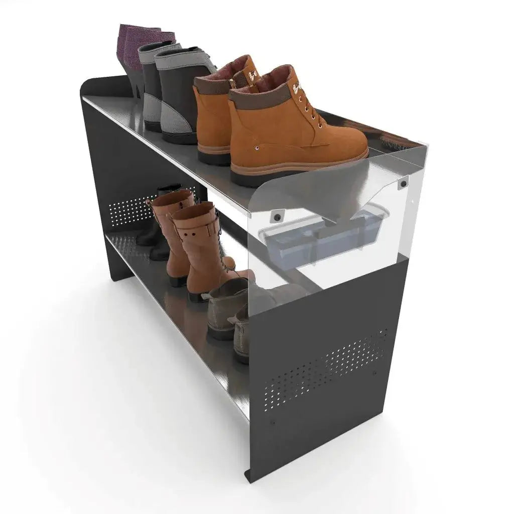Rakabot drainage illustration: the transparent side reveals the container beneath the shelf.